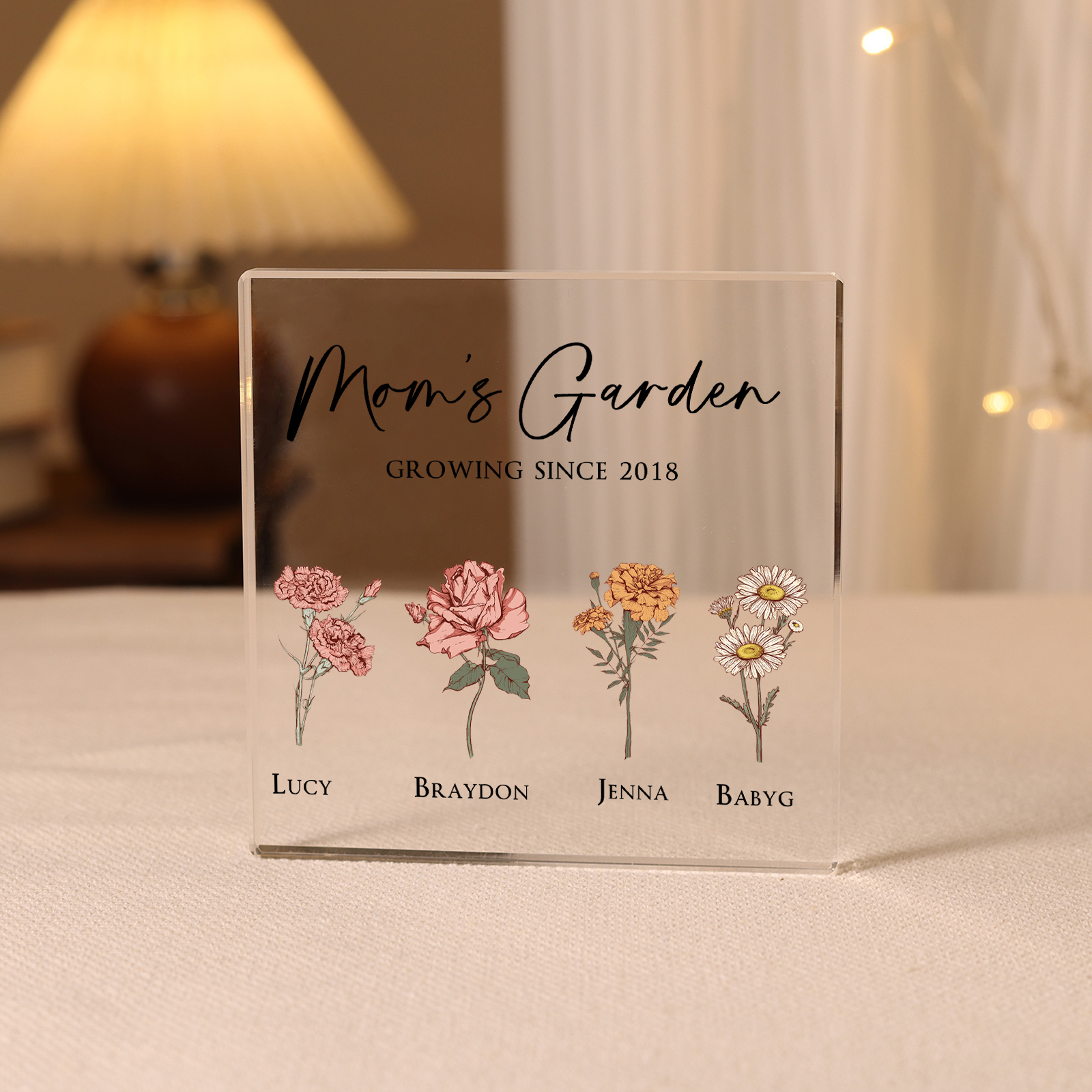 À Maman/Mamie - Plaque Acrylique Personnalisé avec Textes 4 Prénoms et Fleurs de Naissance et Déco de Maison | Jessemade