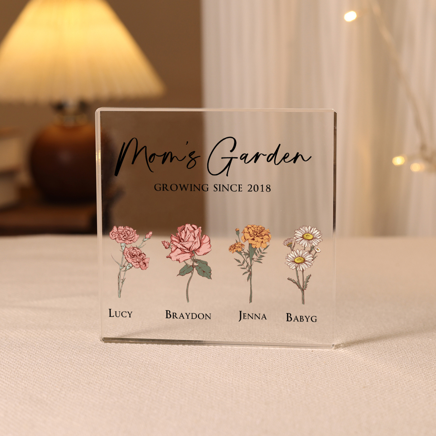 À Maman/Mamie - Plaque Acrylique Personnalisé avec Textes 4 Prénoms et Fleurs de Naissance et Déco de Maison | Jessemade