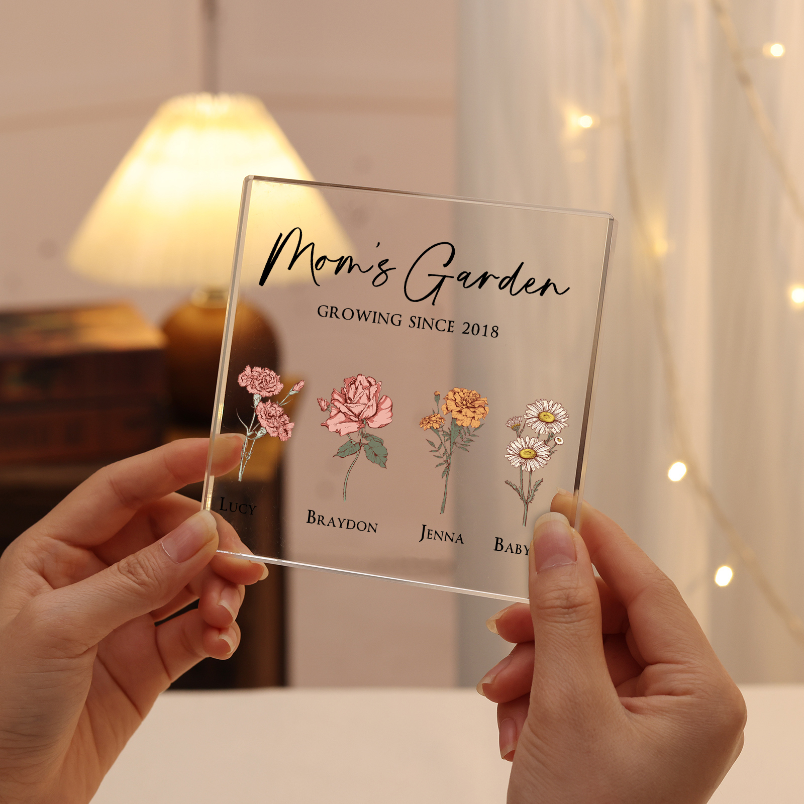 À Maman/Mamie - Plaque Acrylique Personnalisé avec Textes 4 Prénoms et Fleurs de Naissance et Déco de Maison | Jessemade