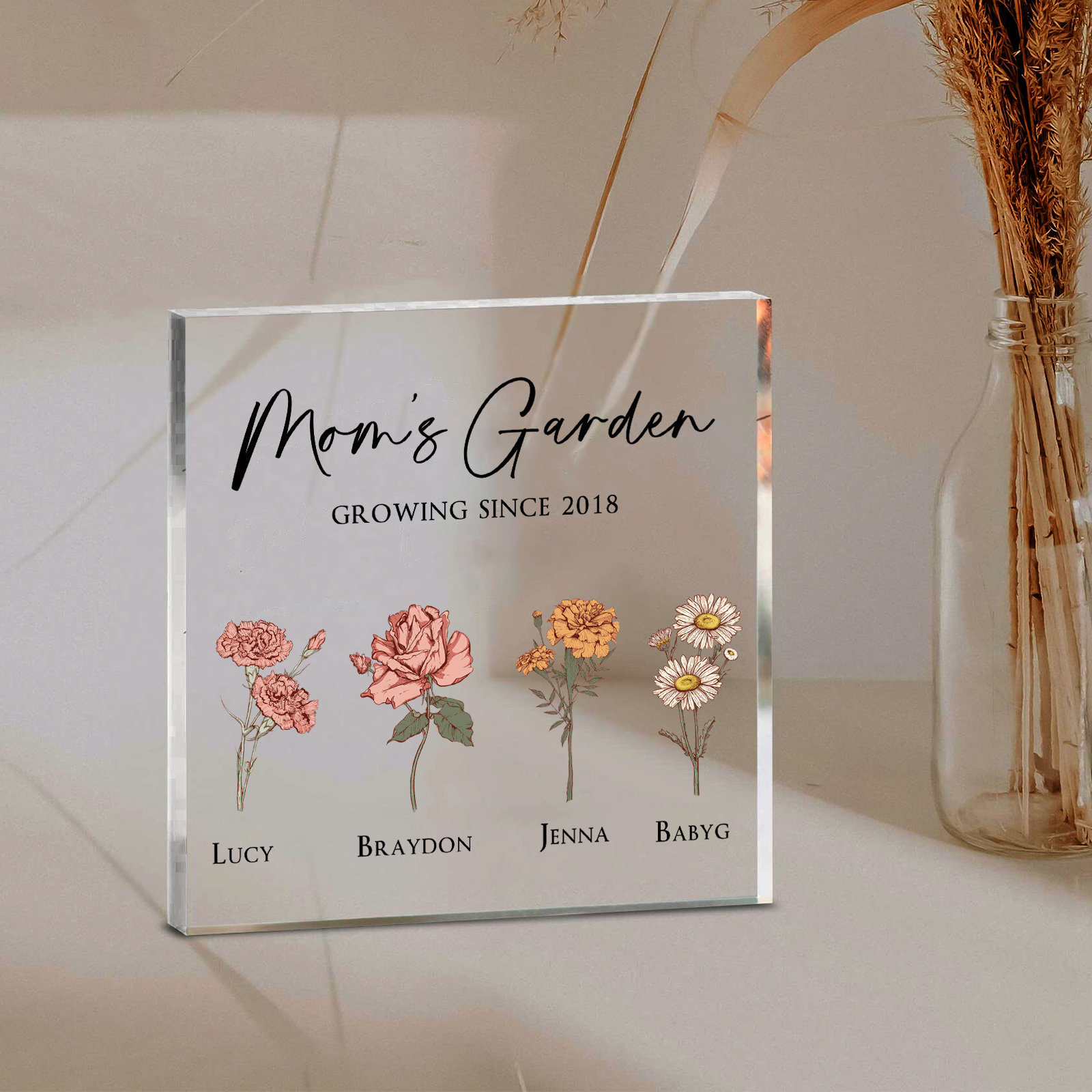 À Maman/Mamie - Plaque Acrylique Personnalisé avec Textes 4 Prénoms et Fleurs de Naissance et Déco de Maison | Jessemade