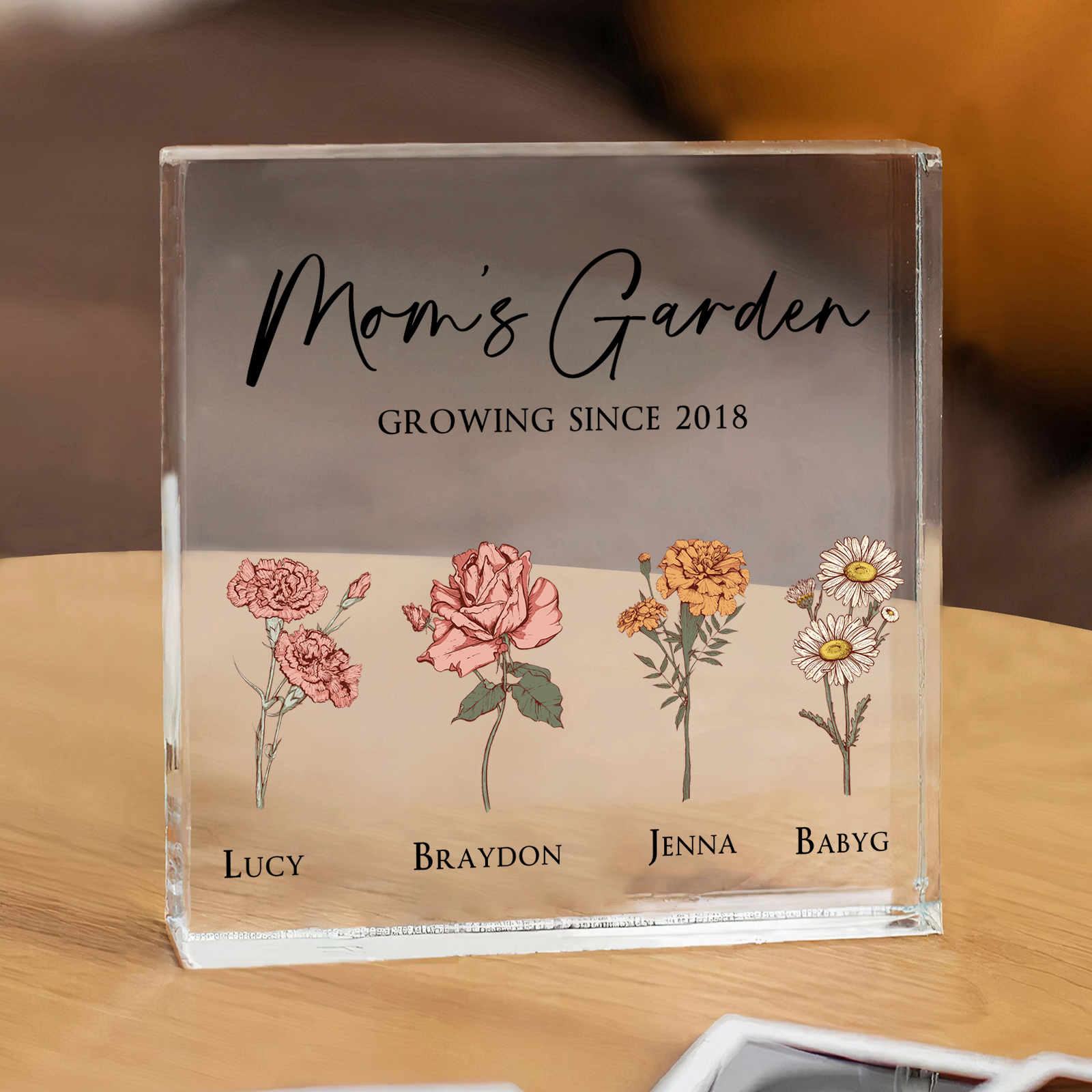 Bloc acrylique personnalisé avec prénoms et fleurs – Cadeau sentimental pour maman | Jessemade