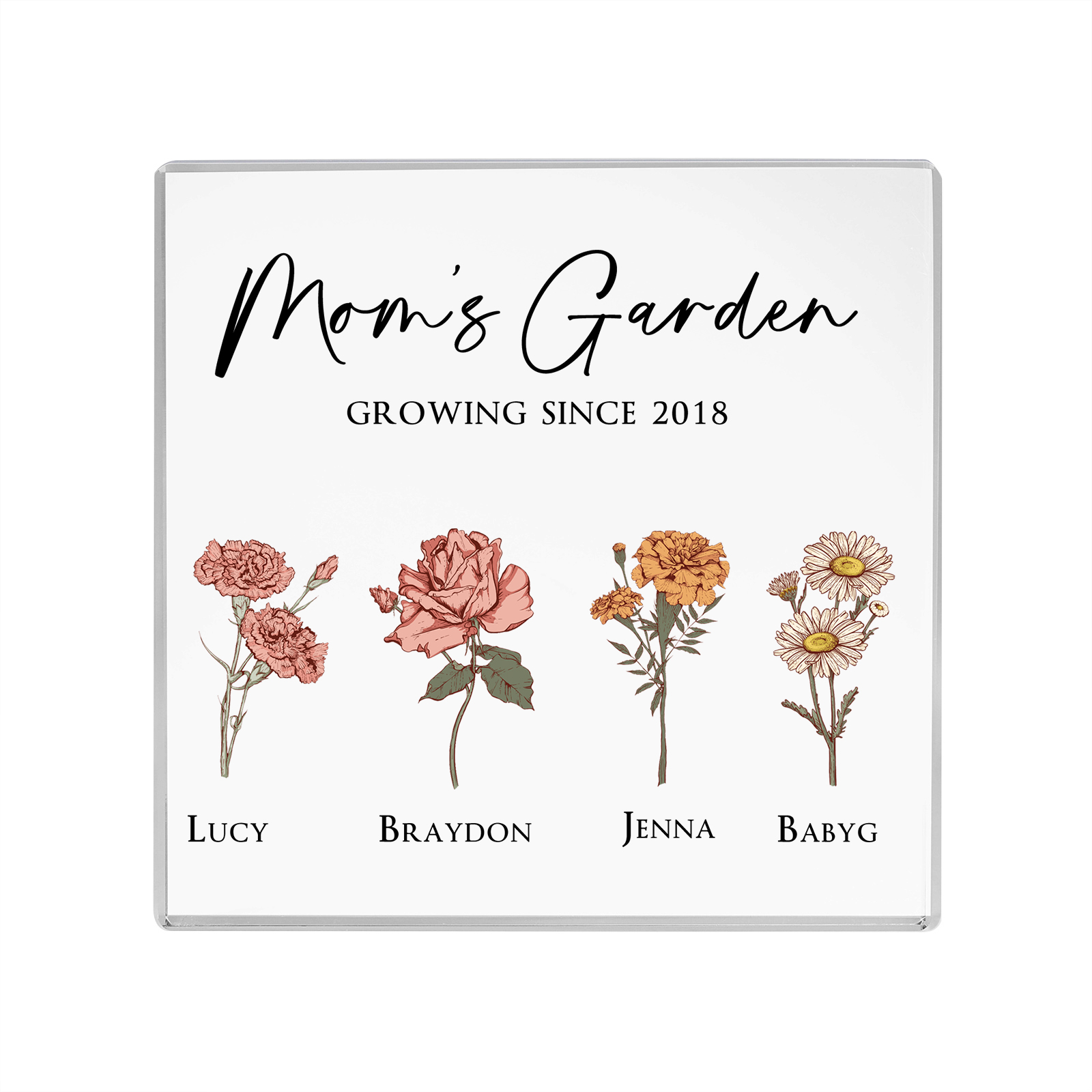 À Maman/Mamie - Plaque Acrylique Personnalisé avec Textes 4 Prénoms et Fleurs de Naissance et Déco de Maison | Jessemade