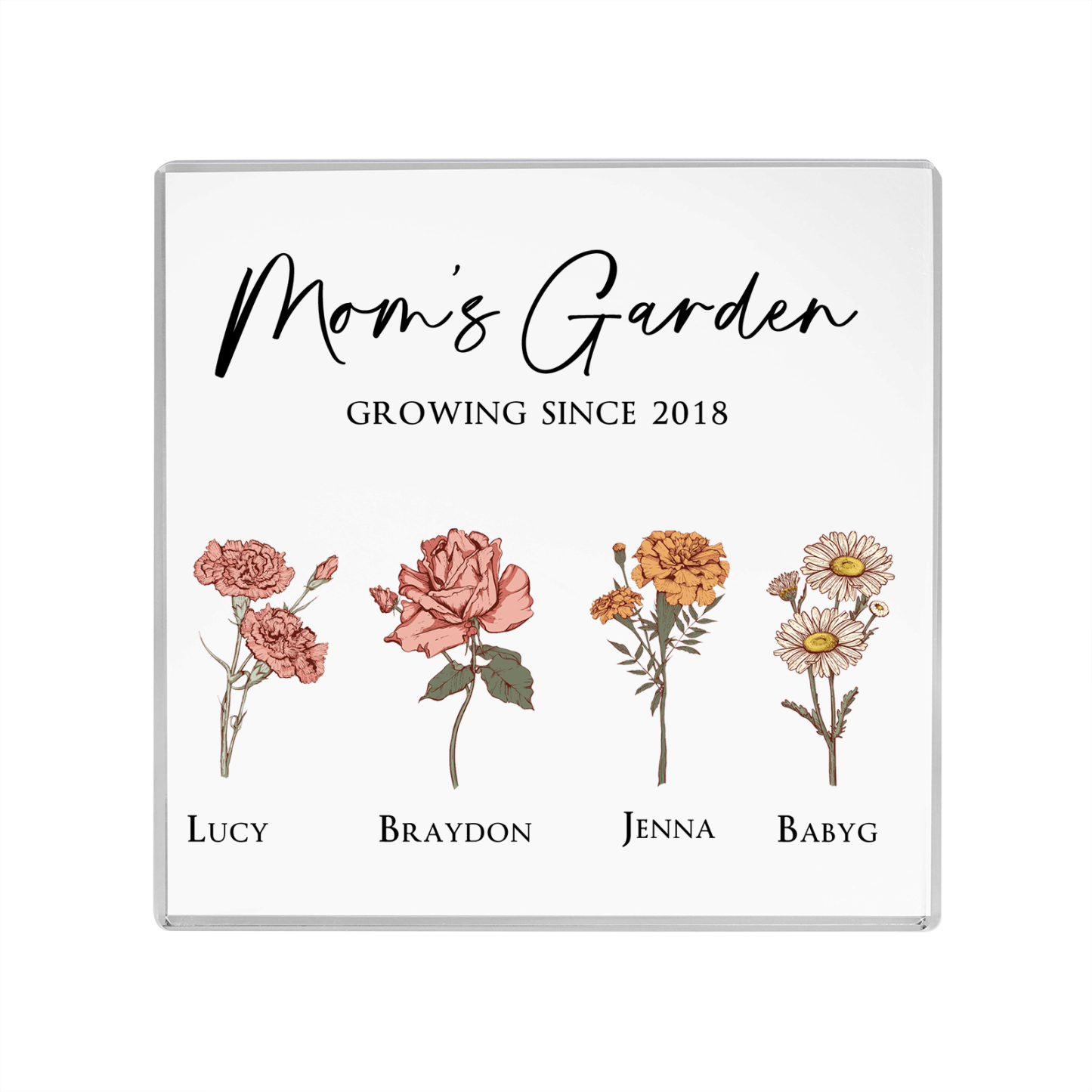 À Maman/Mamie - Plaque Acrylique Personnalisé avec Textes 4 Prénoms et Fleurs de Naissance et Déco de Maison | Jessemade