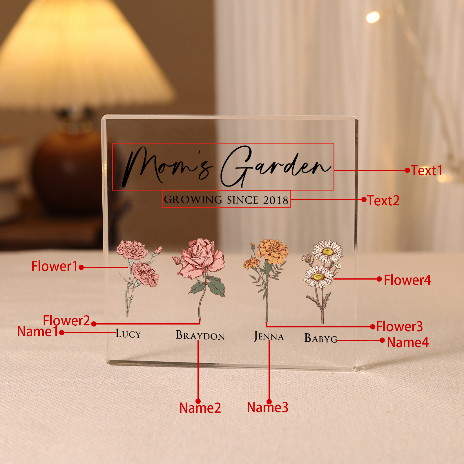 À Maman/Mamie - Plaque Acrylique Personnalisé avec Textes 4 Prénoms et Fleurs de Naissance et Déco de Maison | Jessemade