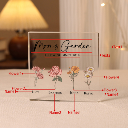 À Maman/Mamie - Plaque Acrylique Personnalisé avec Textes 4 Prénoms et Fleurs de Naissance et Déco de Maison | Jessemade