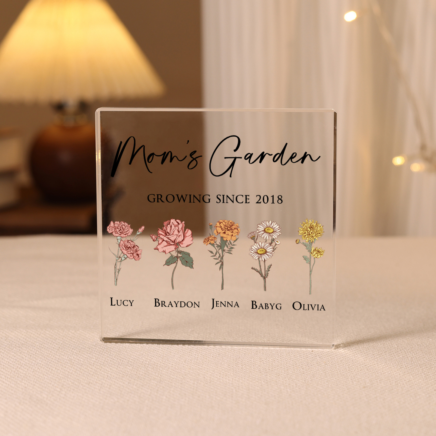 À Maman/Mamie - Plaque Acrylique Personnalisé avec Textes 5 Prénoms et Fleurs de Naissance et Déco de Maison | Jessemade
