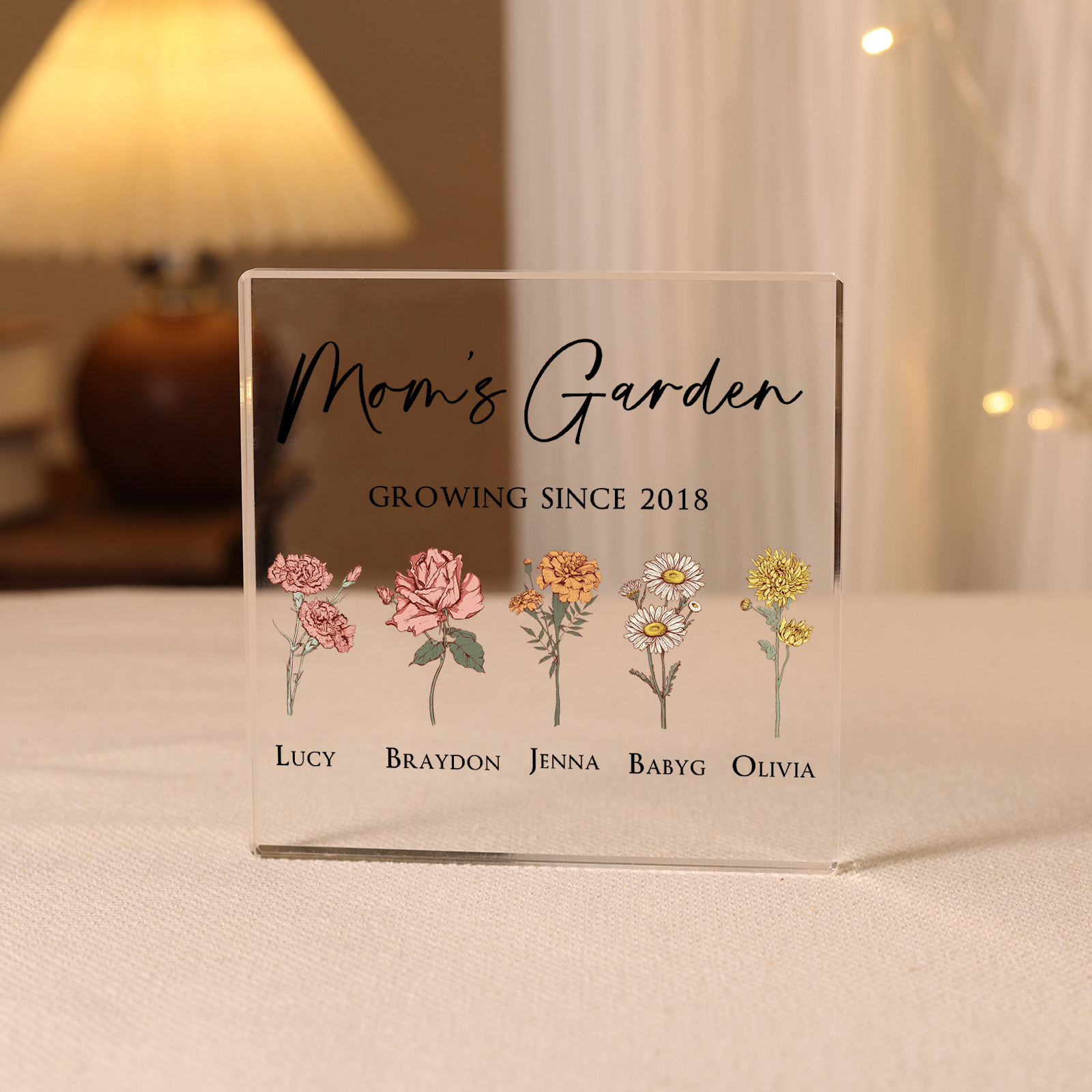 À Maman/Mamie - Plaque Acrylique Personnalisé avec Textes 5 Prénoms et Fleurs de Naissance et Déco de Maison | Jessemade