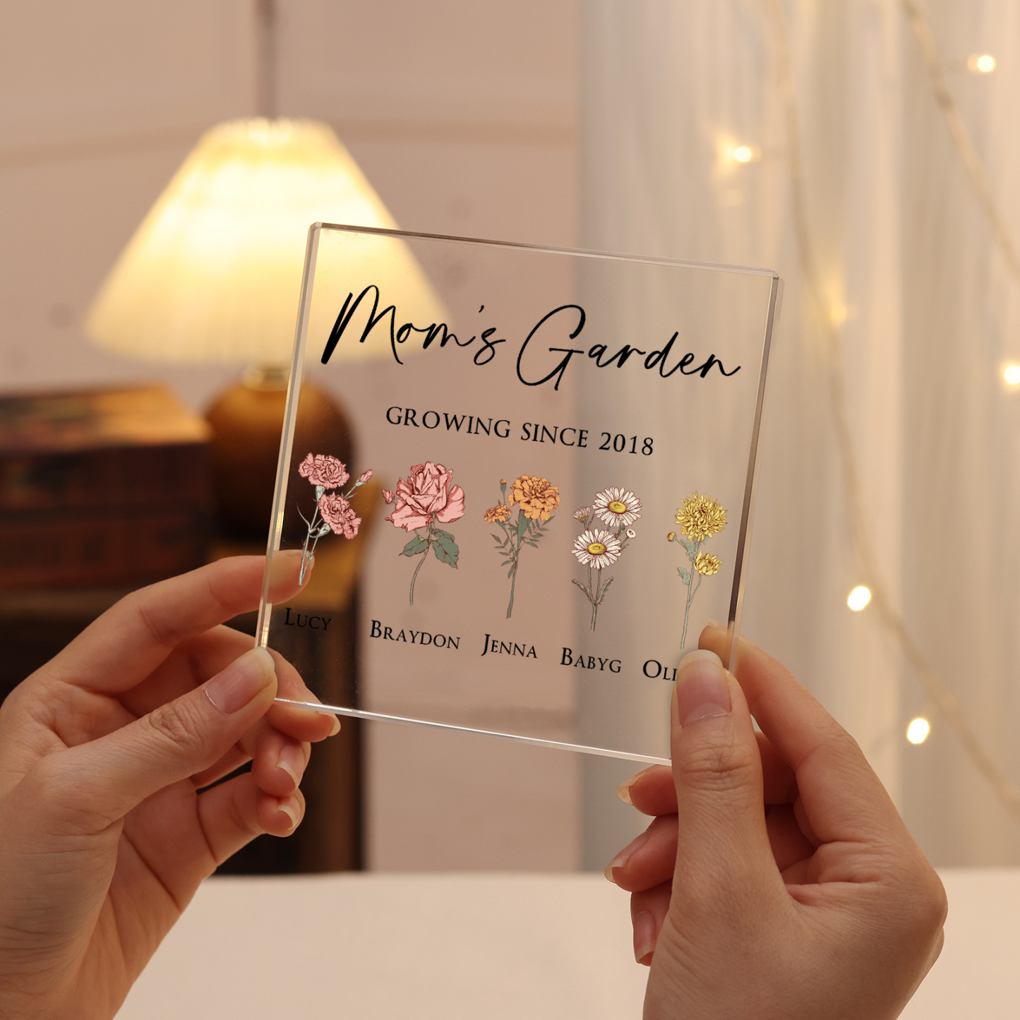 À Maman/Mamie - Plaque Acrylique Personnalisé avec Textes 5 Prénoms et Fleurs de Naissance et Déco de Maison | Jessemade