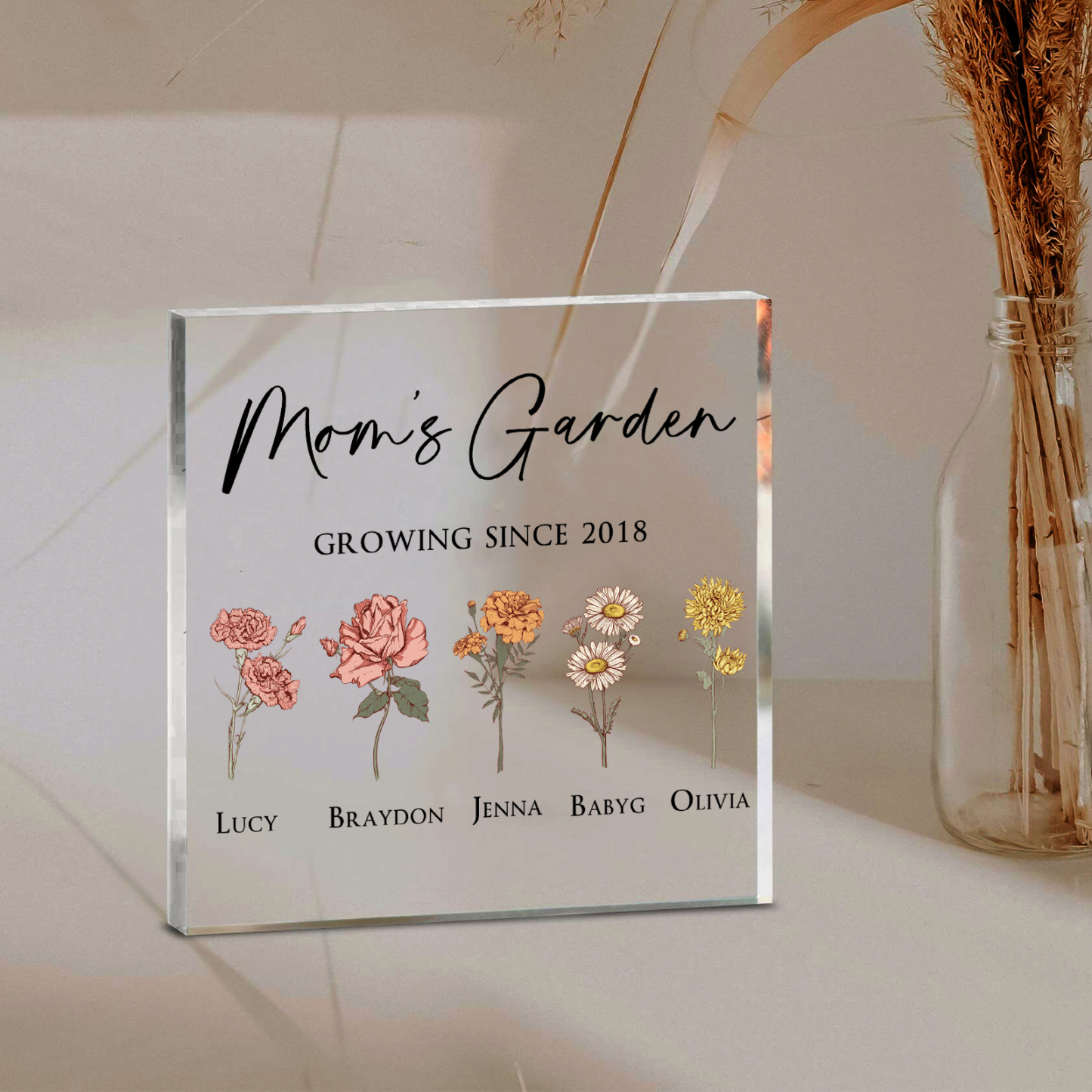 À Maman/Mamie - Plaque Acrylique Personnalisé avec Textes 5 Prénoms et Fleurs de Naissance et Déco de Maison | Jessemade
