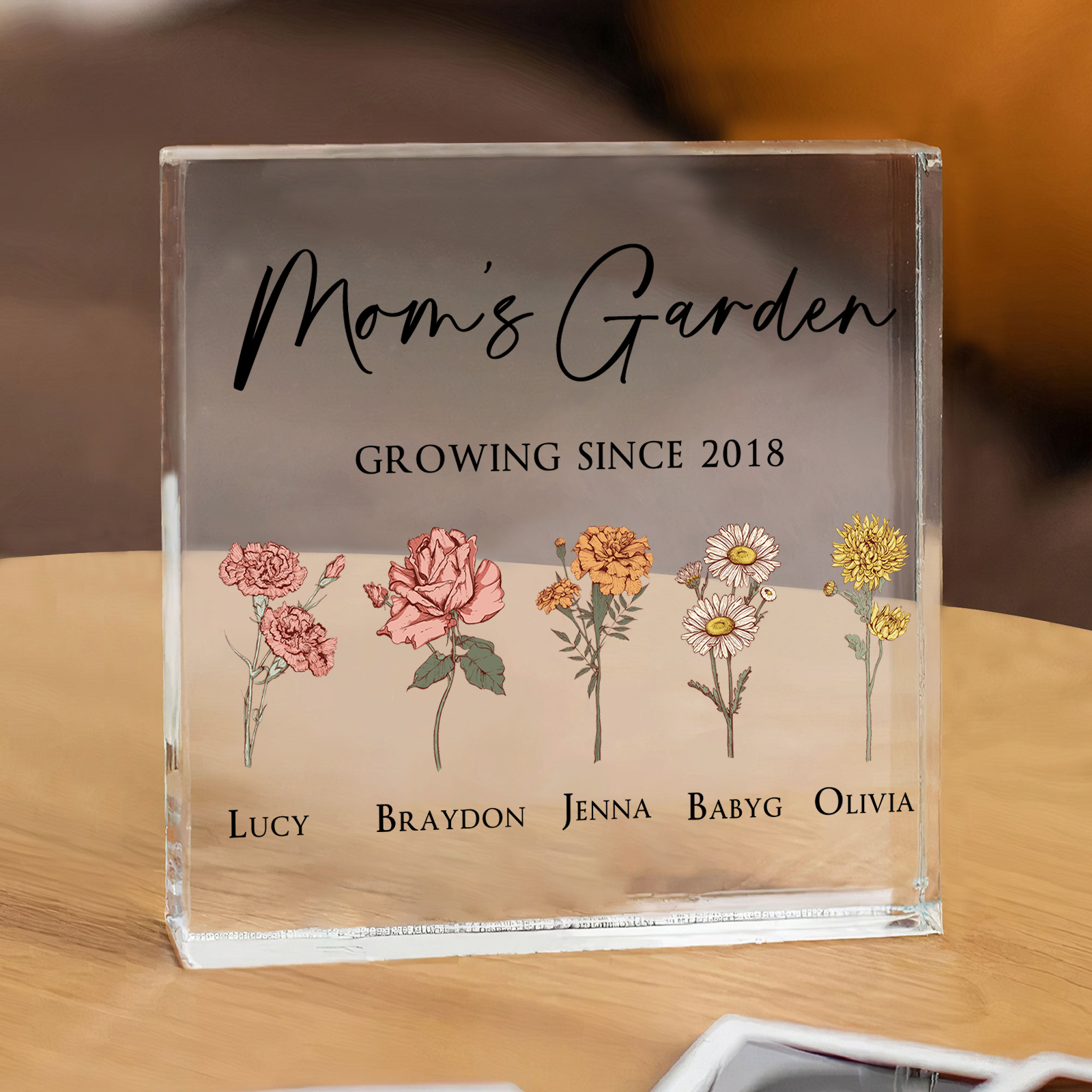 Bloc acrylique personnalisé avec prénoms et fleurs – Cadeau sentimental pour maman | Jessemade