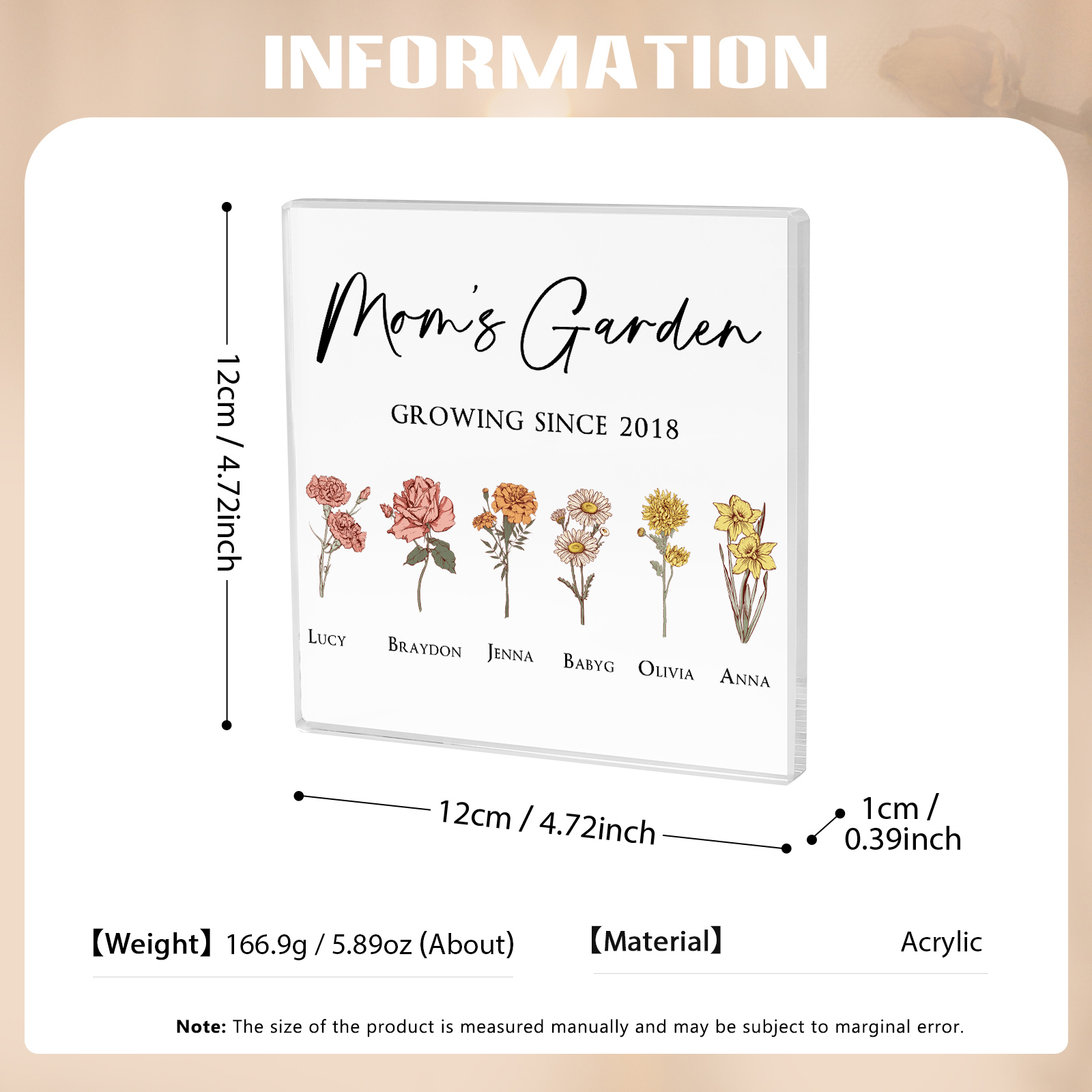 À Maman/Mamie - Plaque Acrylique Personnalisé avec Textes 6 Prénoms et Fleurs de Naissance et Déco de Maison | Jessemade