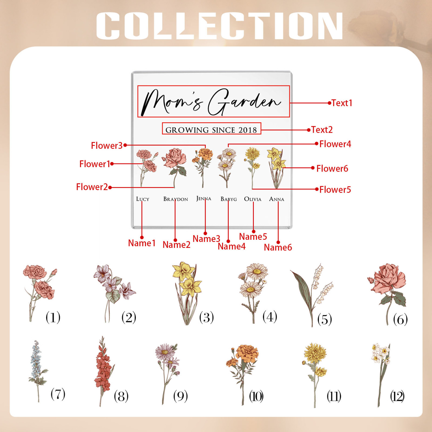 À Maman/Mamie - Plaque Acrylique Personnalisé avec Textes 6 Prénoms et Fleurs de Naissance et Déco de Maison | Jessemade