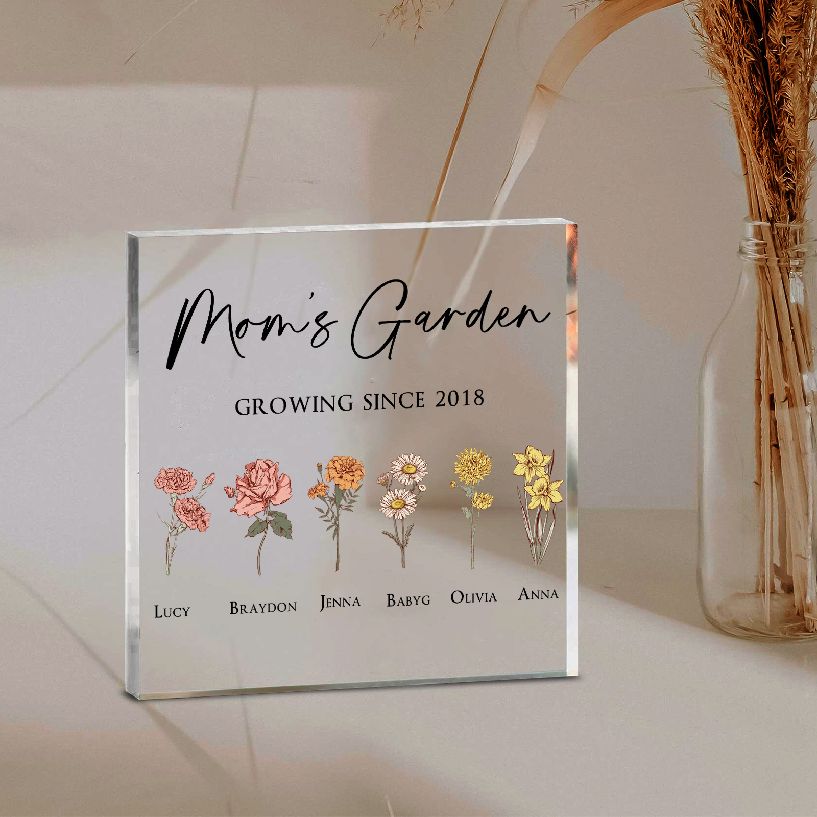 À Maman/Mamie - Plaque Acrylique Personnalisé avec Textes 6 Prénoms et Fleurs de Naissance et Déco de Maison | Jessemade