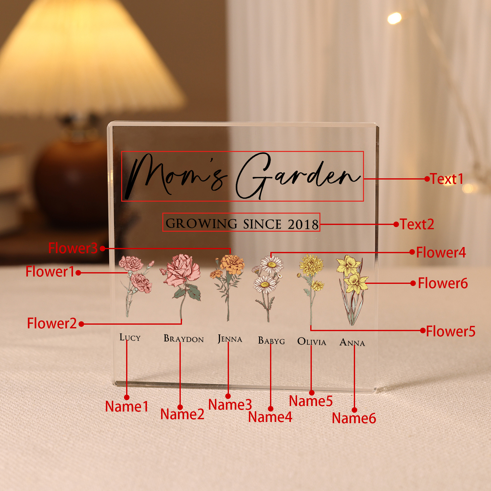 À Maman/Mamie - Plaque Acrylique Personnalisé avec Textes 6 Prénoms et Fleurs de Naissance et Déco de Maison | Jessemade