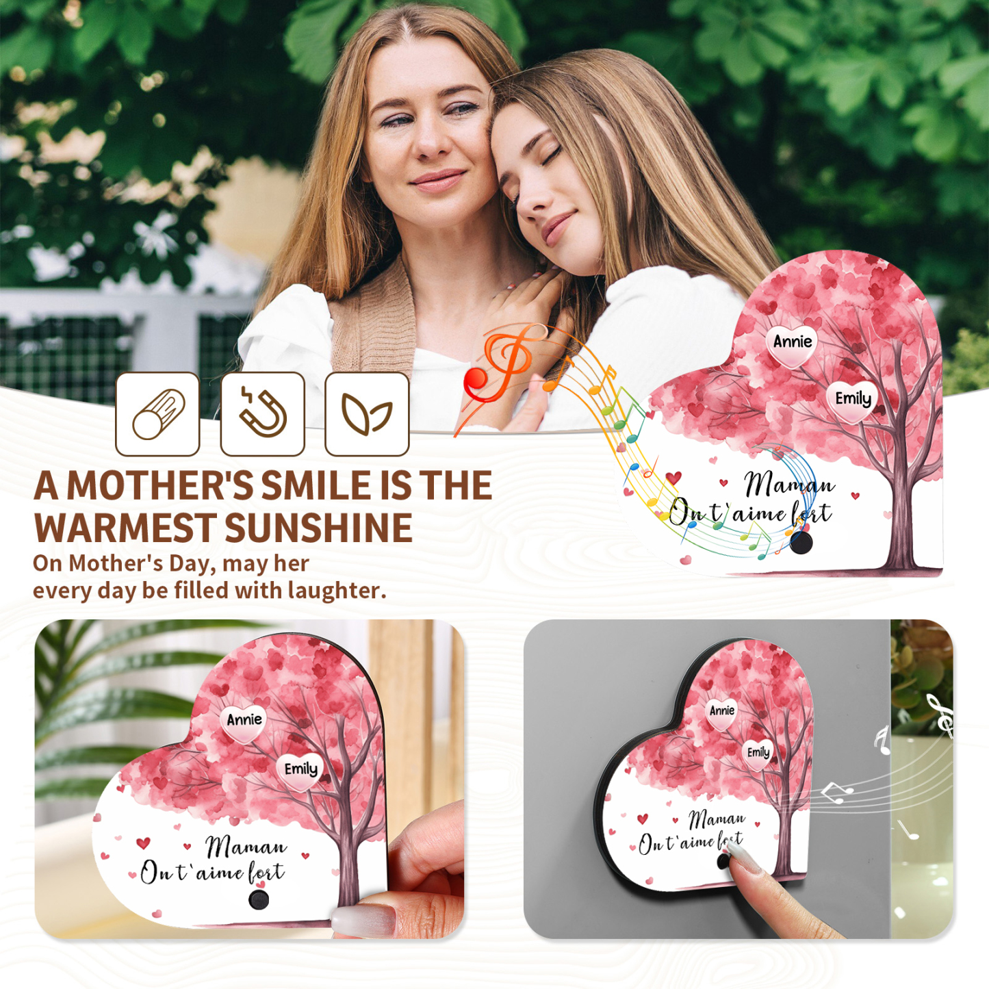 À Maman - Aimant Frigo Musical en forme de Coeur Personnalisé avec 2 Prénoms et Texte Aimant De Réfrigérateur pour Femme | Jessemade