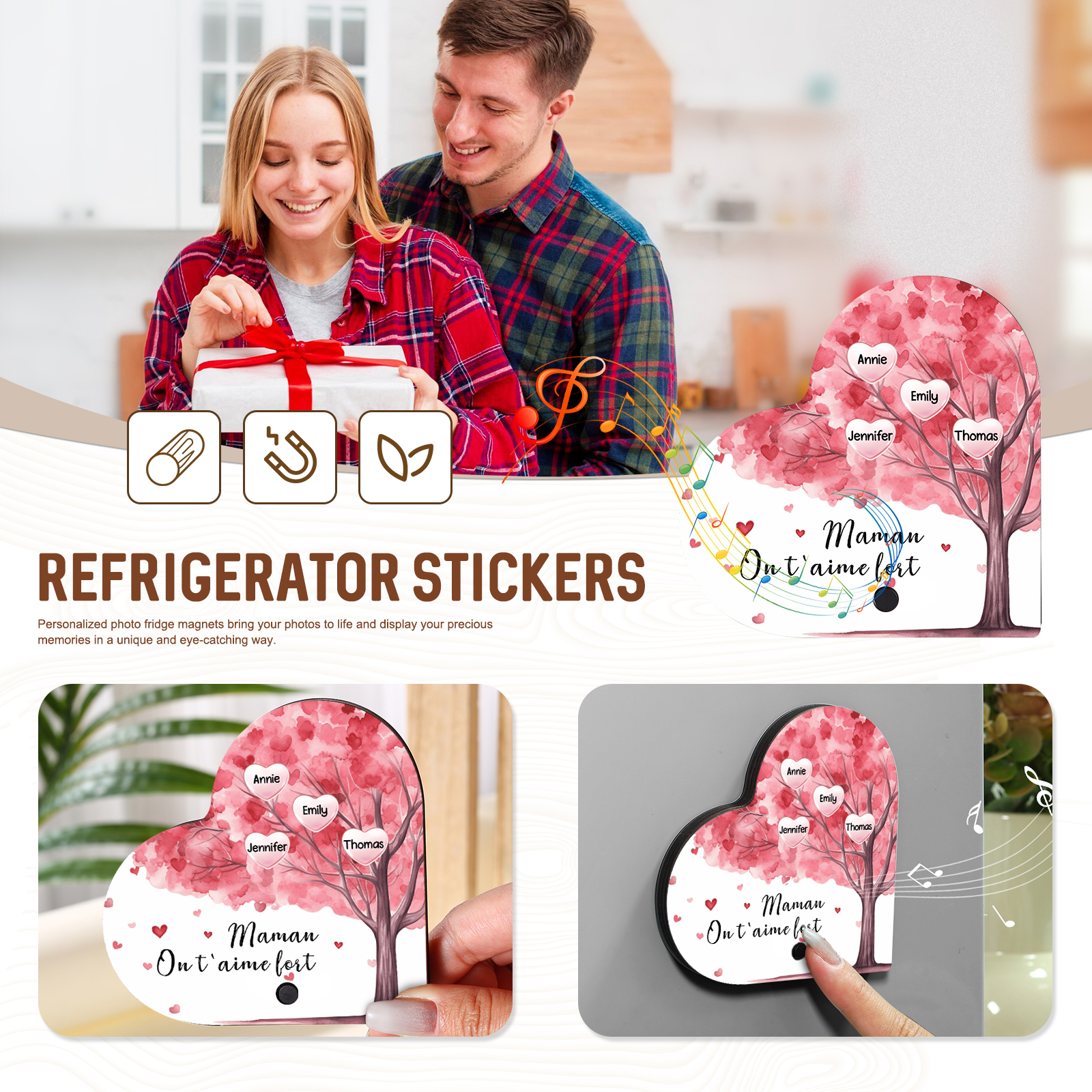 À Maman - Aimant Frigo Musical en forme de Coeur Personnalisé avec 4 Prénoms et Texte Aimant De Réfrigérateur pour Femme | Jessemade