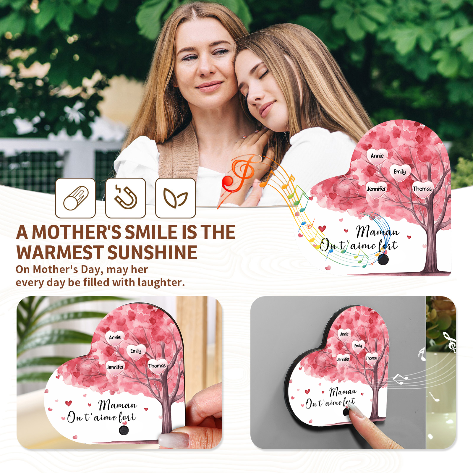 À Maman - Aimant Frigo Musical en forme de Coeur Personnalisé avec 4 Prénoms et Texte Aimant De Réfrigérateur pour Femme | Jessemade