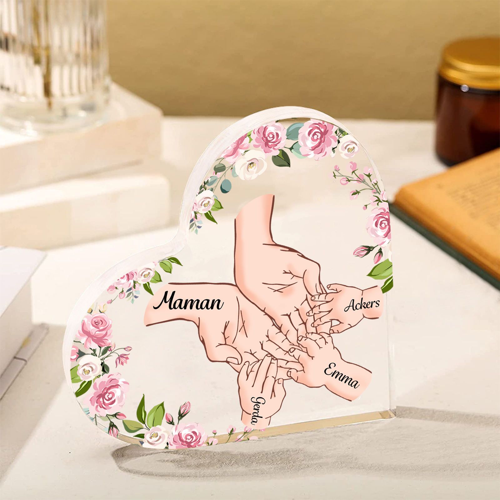 À Maman/Mamie - Plaque Acrylique en forme de Coeur 4 Prénoms Personnalisés Cadeau Personnalisable pour Maman/Mamie  | Jessemade