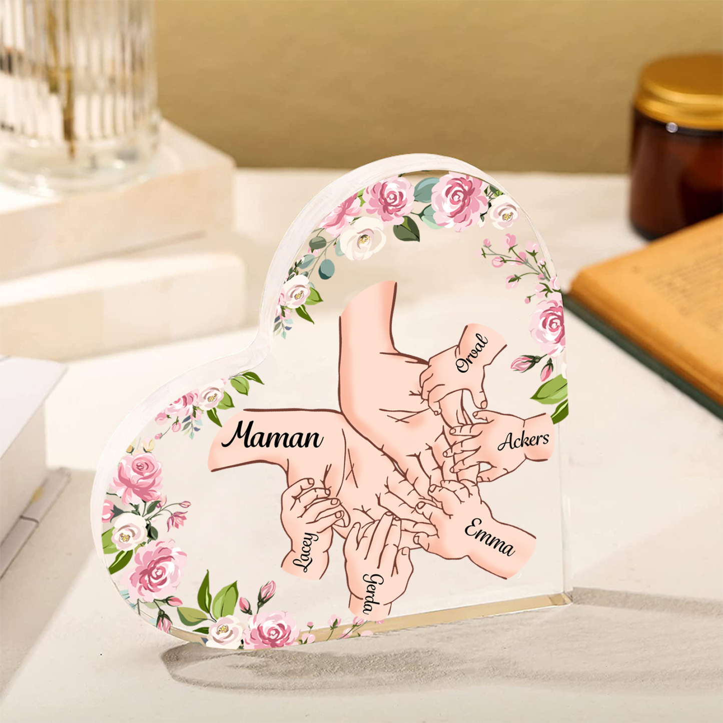 À Maman/Mamie - Plaque Acrylique en forme de Coeur 6 Prénoms Personnalisés Cadeau Personnalisable pour Maman/Mamie | Jessemade