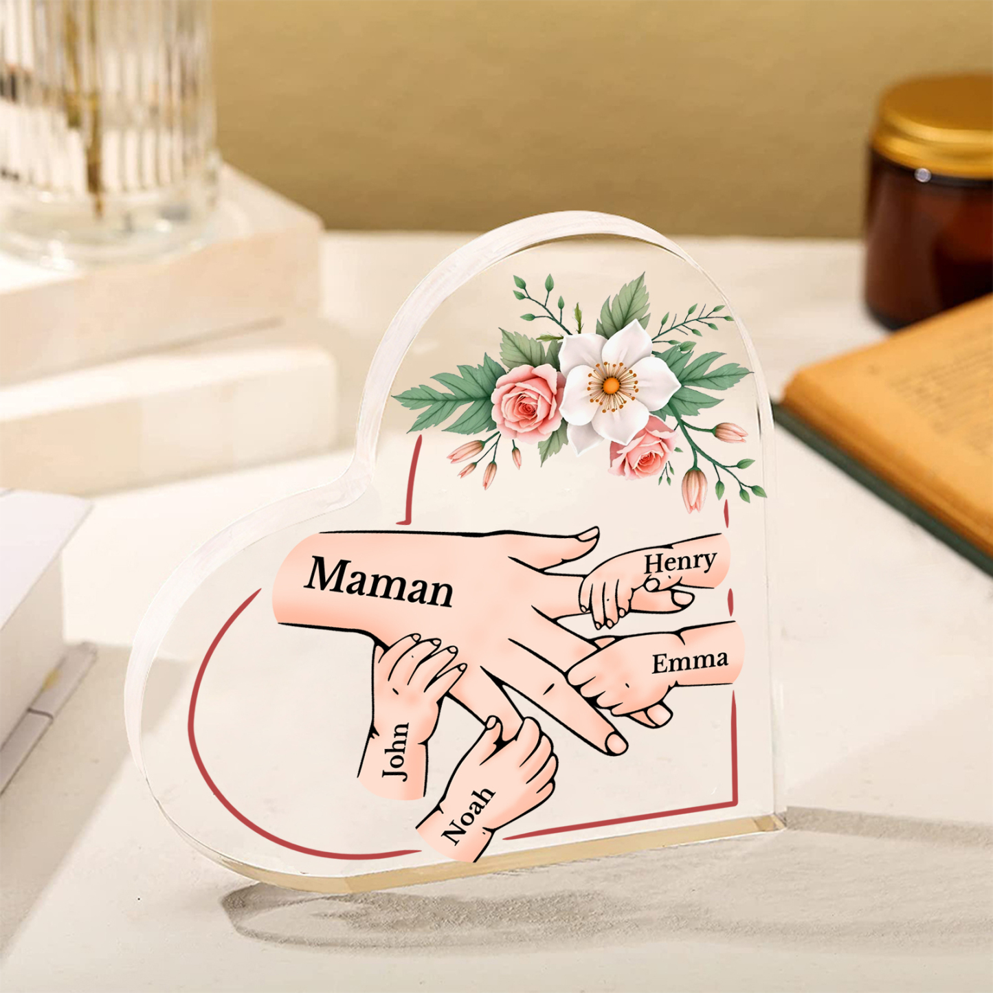 À Maman/Mamie - Plaque Coeur en Acrylique 5 Prénoms Personnalisés Cadeau Personnalisable pour Maman/Mamie | Jessemade