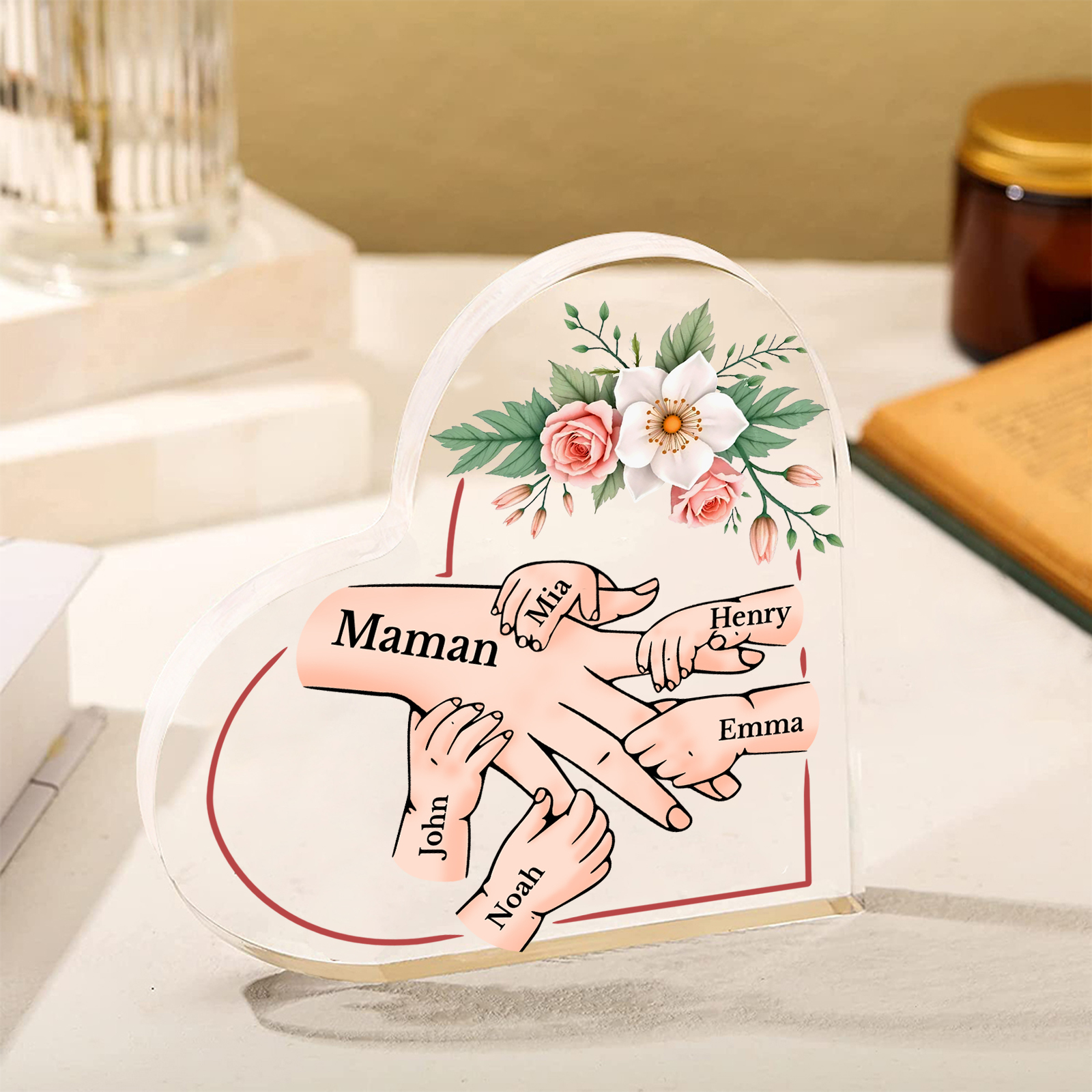 À Maman/Mamie - Plaque Coeur en Acrylique 6 Prénoms Personnalisés Cadeau Personnalisable pour Maman/Mamie  | Jessemade