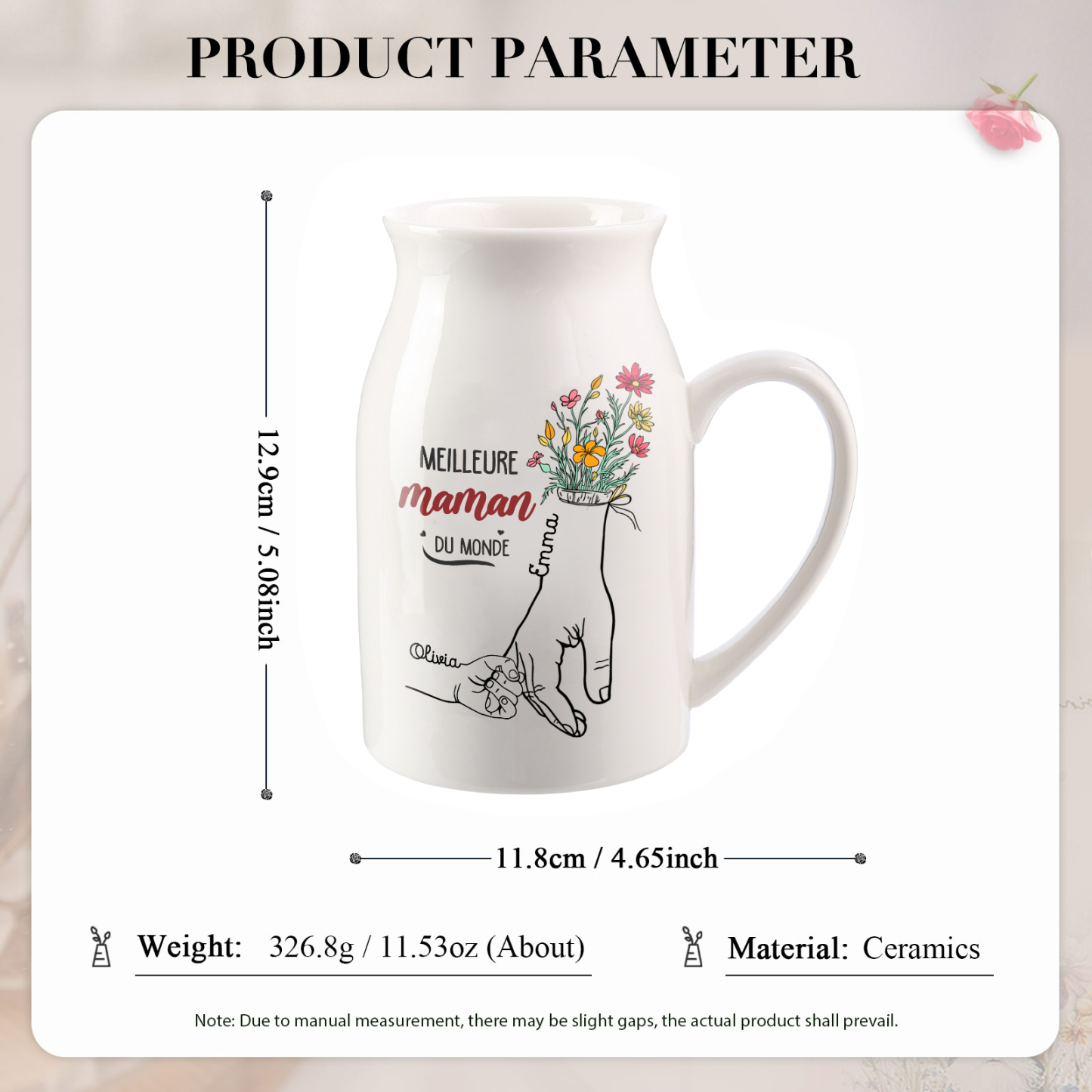 À Maman - Vase à Fleurs Personnalisé avec 2 Prénoms et 1 Texte la Main dans la Main Décoration de la Maison (sans plantes) | Jessemade