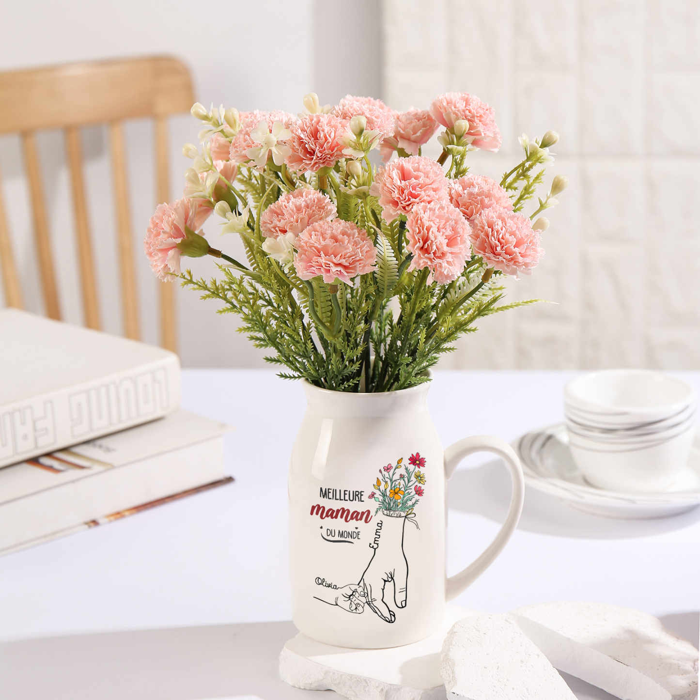 À Maman - Vase à Fleurs Personnalisé avec 2 Prénoms et 1 Texte la Main dans la Main Décoration de la Maison (sans plantes) | Jessemade