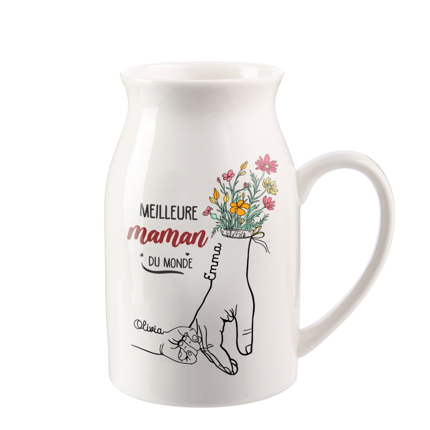 À Maman - Vase à Fleurs Personnalisé avec 2 Prénoms et 1 Texte la Main dans la Main Décoration de la Maison (sans plantes) | Jessemade