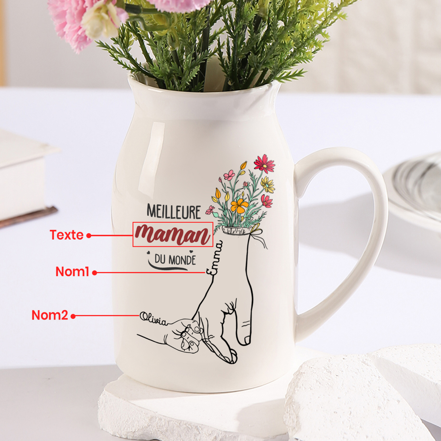 À Maman - Vase à Fleurs Personnalisé avec 2 Prénoms et 1 Texte la Main dans la Main Décoration de la Maison (sans plantes) | Jessemade