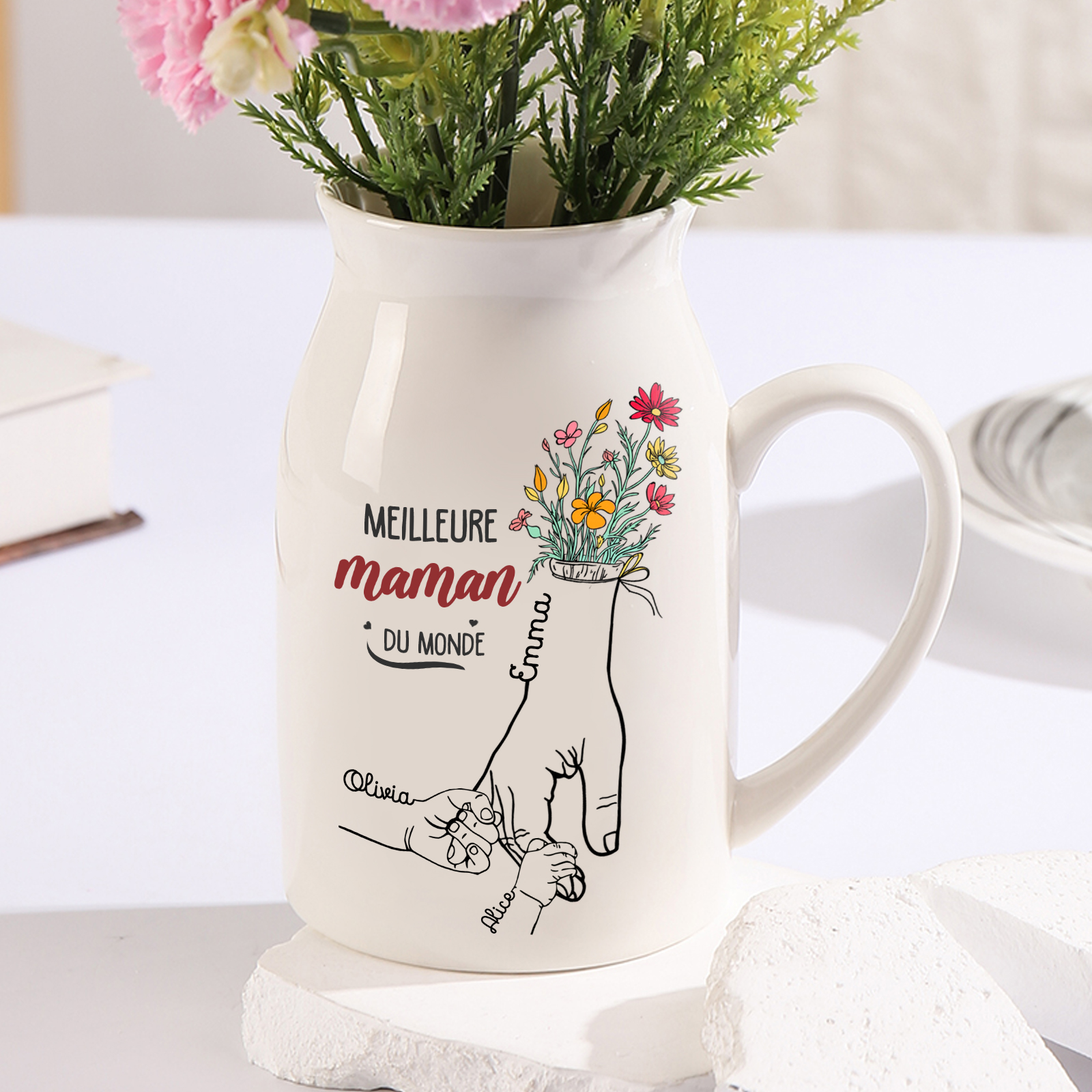À Maman - Vase à Fleurs Personnalisé avec 3 Prénoms et 1 Texte la Main dans la Main Décoration de la Maison (sans plantes) | Jessemade