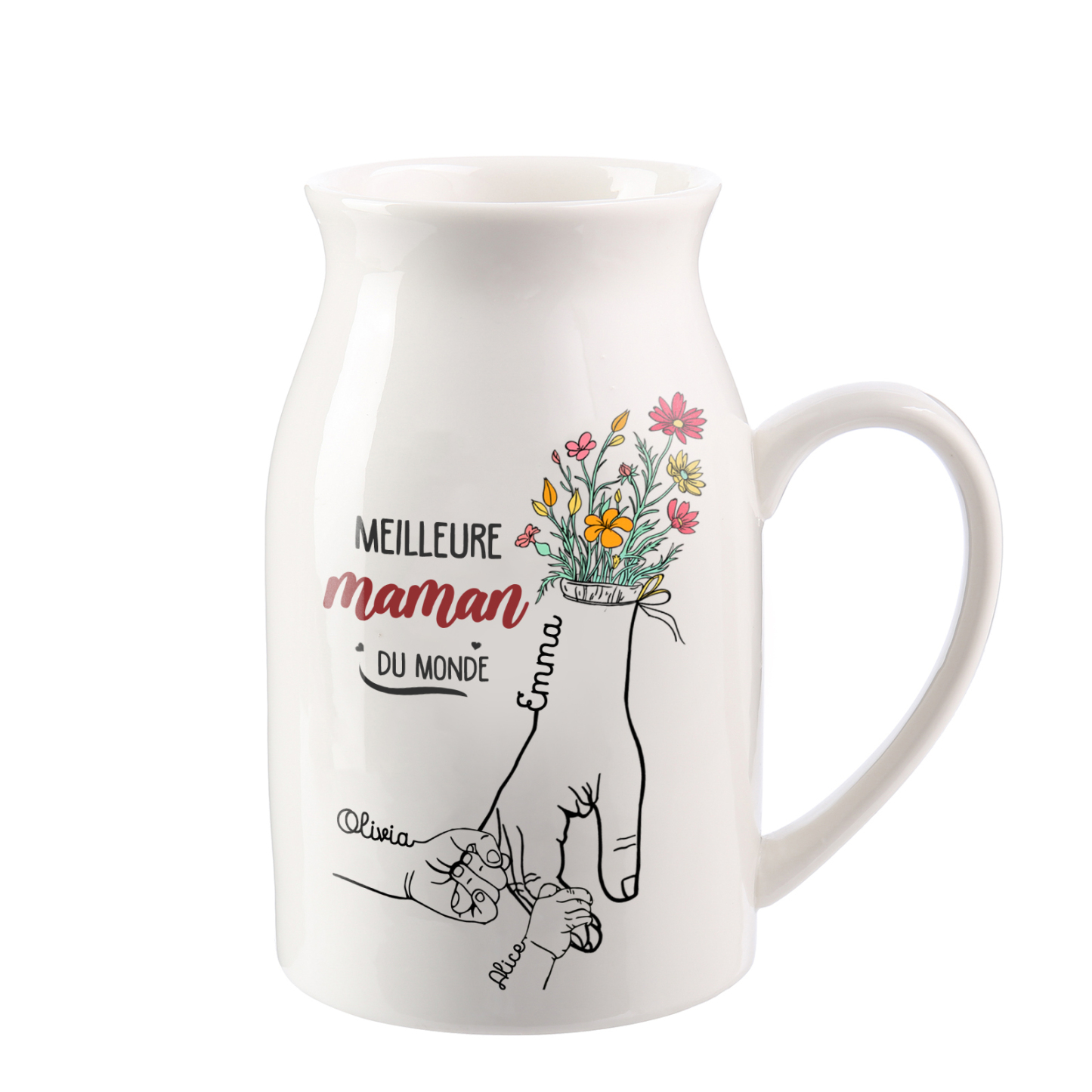 À Maman - Vase à Fleurs Personnalisé avec 3 Prénoms et 1 Texte la Main dans la Main Décoration de la Maison (sans plantes) | Jessemade