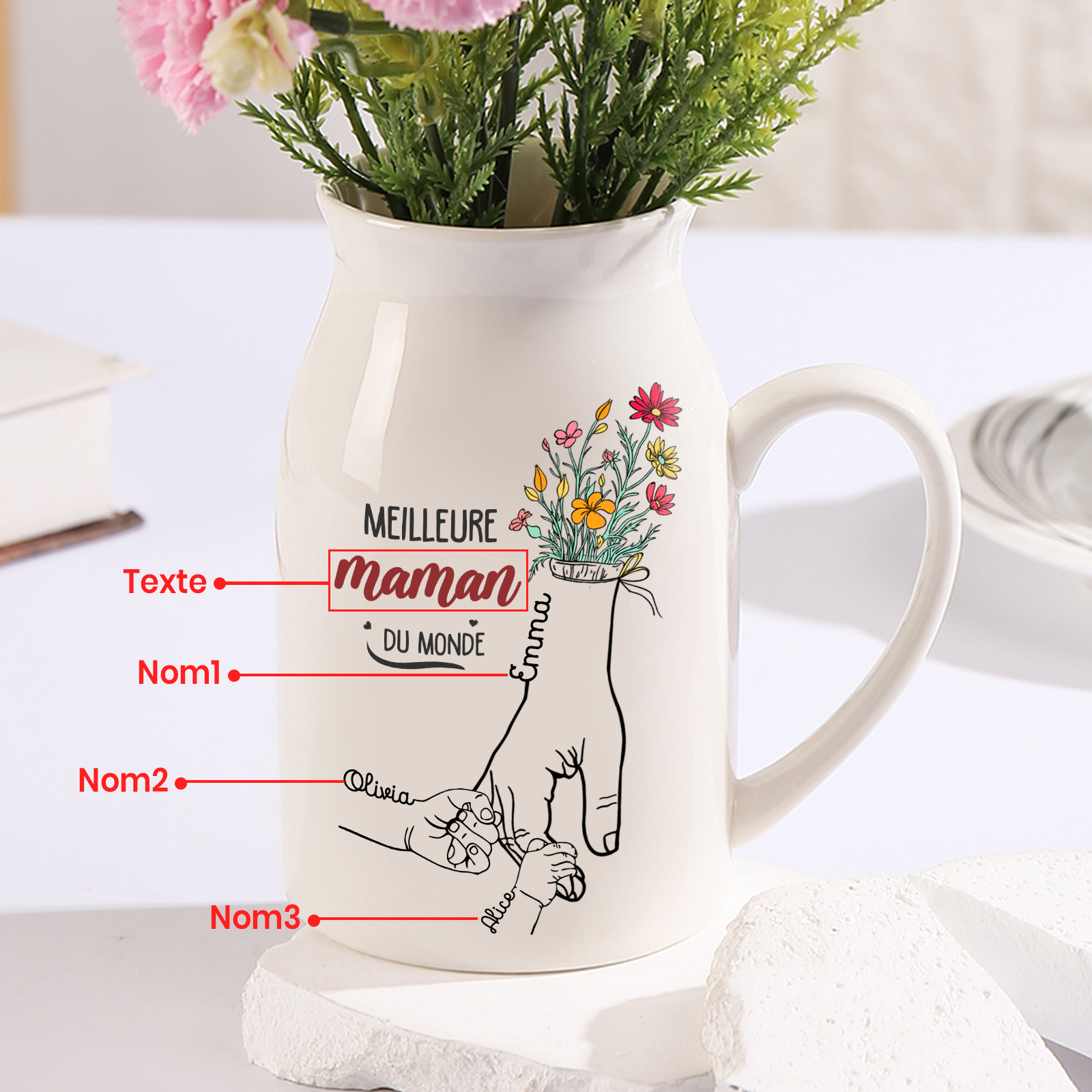 À Maman - Vase à Fleurs Personnalisé avec 3 Prénoms et 1 Texte la Main dans la Main Décoration de la Maison (sans plantes) | Jessemade