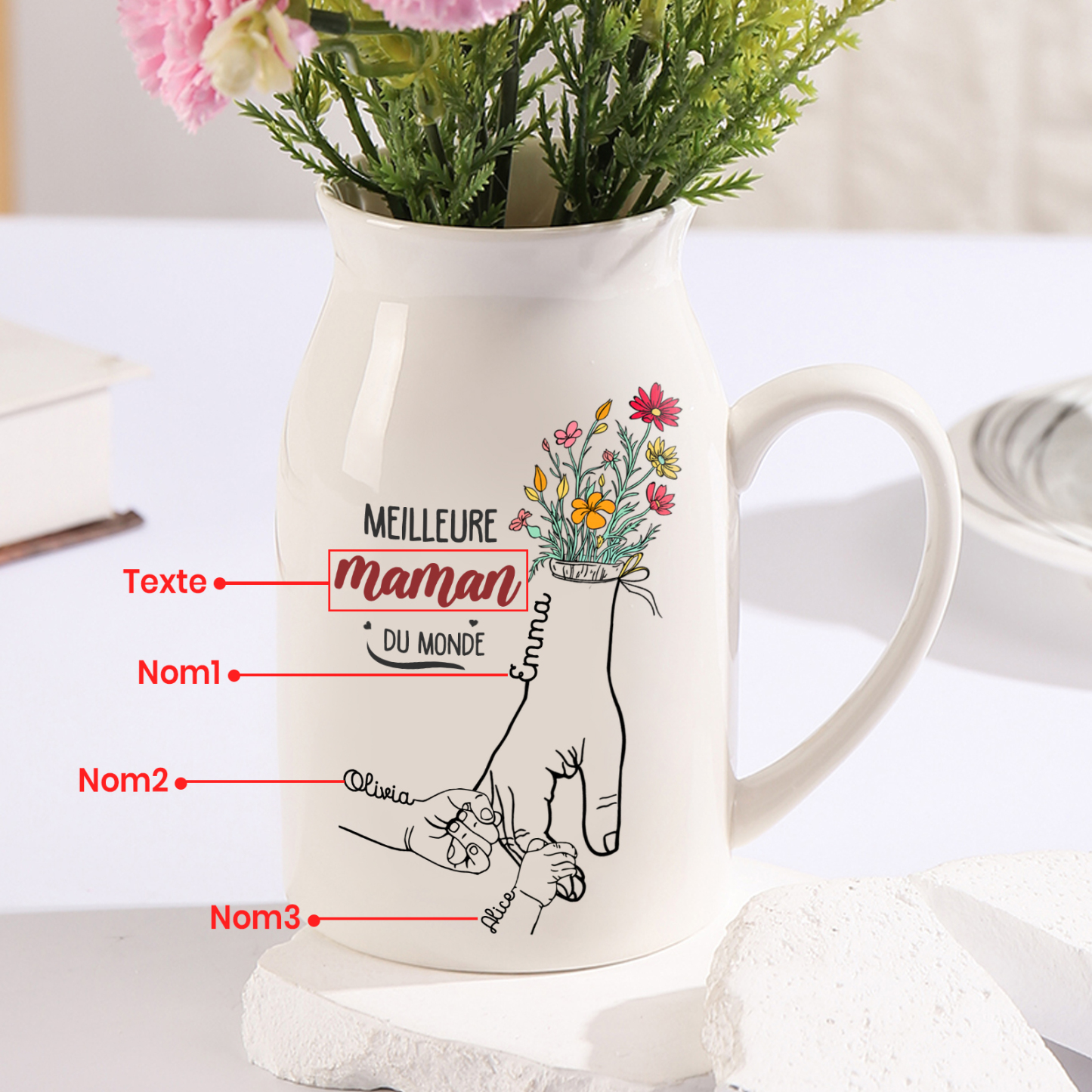 À Maman - Vase à Fleurs Personnalisé avec 3 Prénoms et 1 Texte la Main dans la Main Décoration de la Maison (sans plantes) | Jessemade