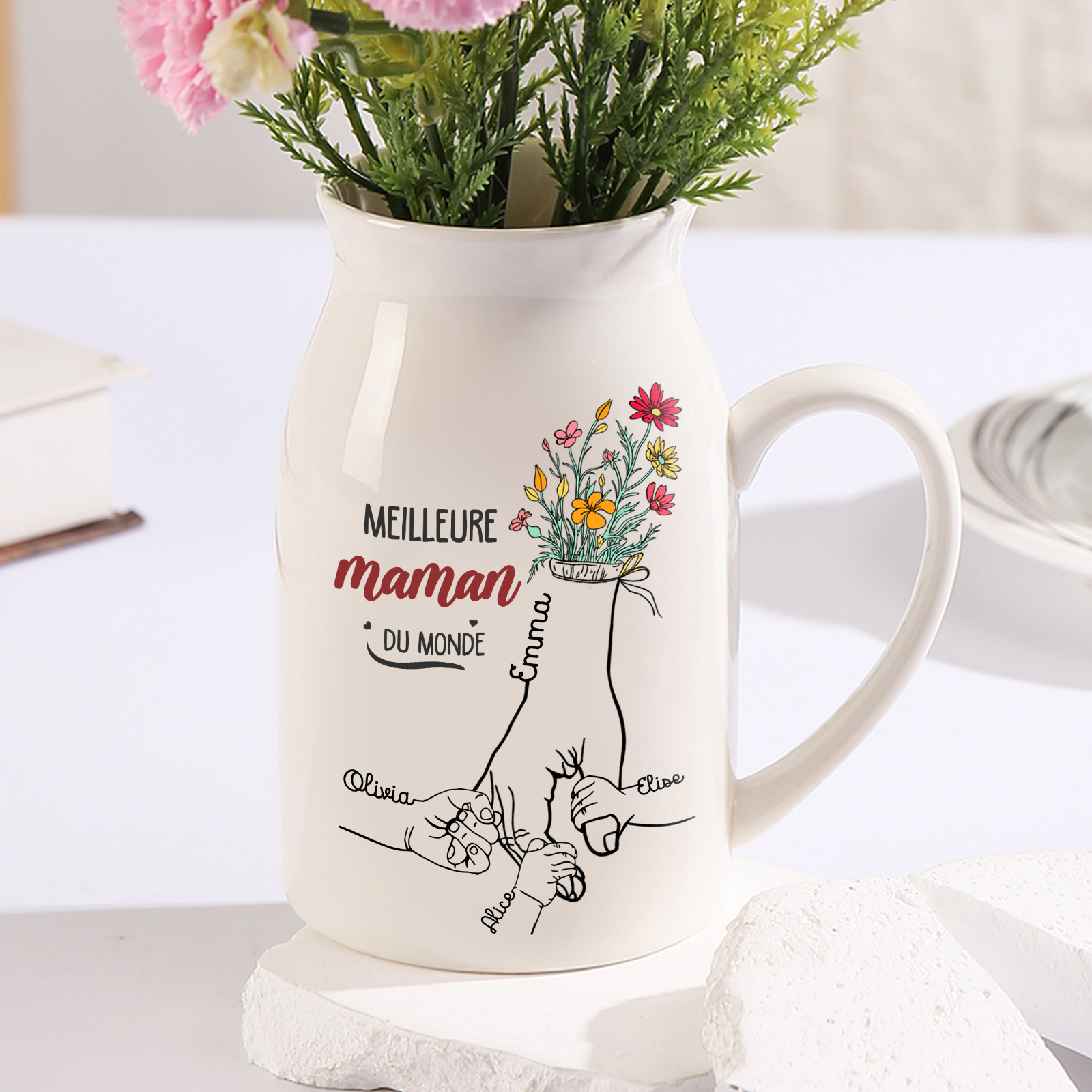 À Maman - Vase à Fleurs Personnalisé avec 4 Prénoms et 1 Texte la Main dans la Main Décoration de la Maison (sans plantes) | Jessemade