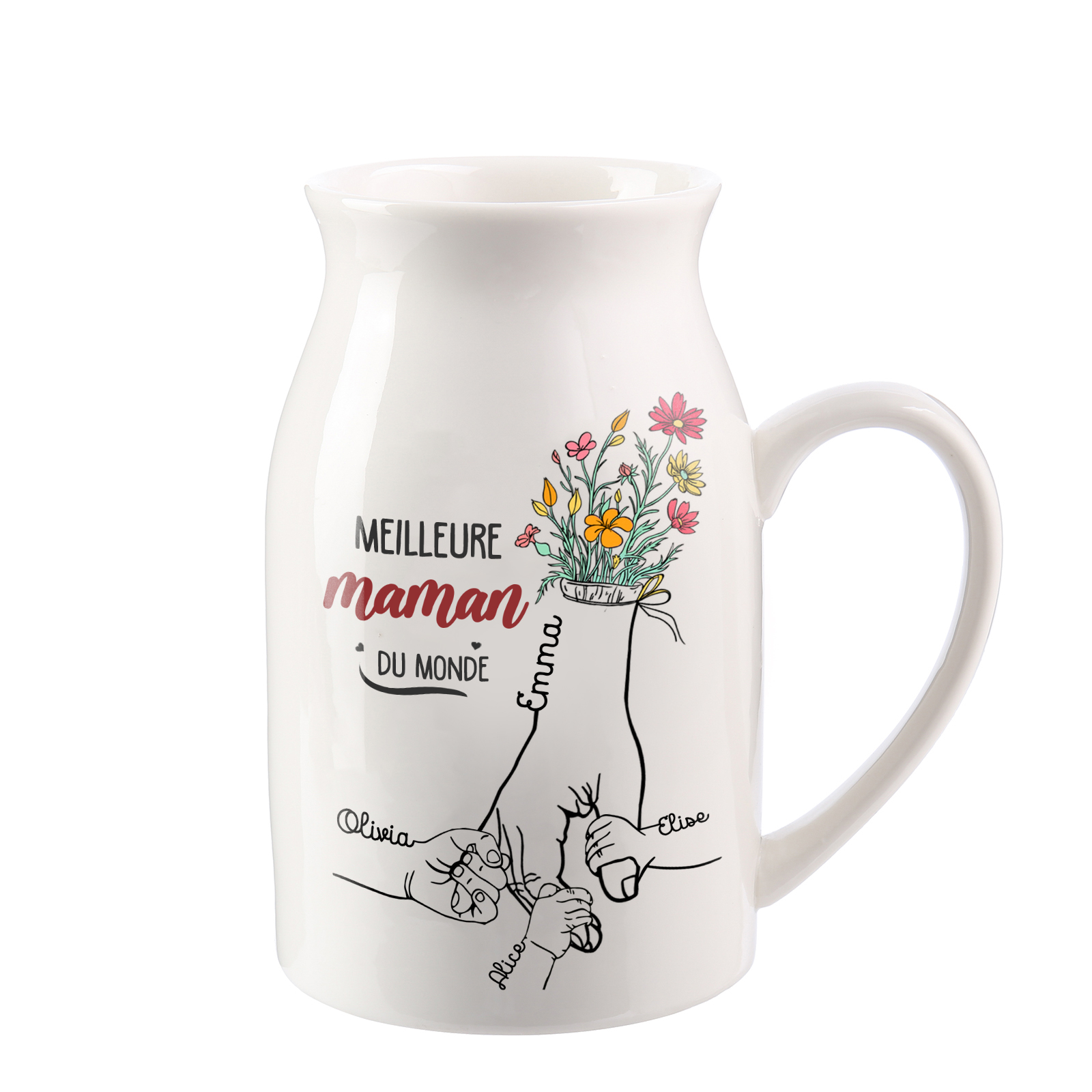 À Maman - Vase à Fleurs Personnalisé avec 4 Prénoms et 1 Texte la Main dans la Main Décoration de la Maison (sans plantes) | Jessemade