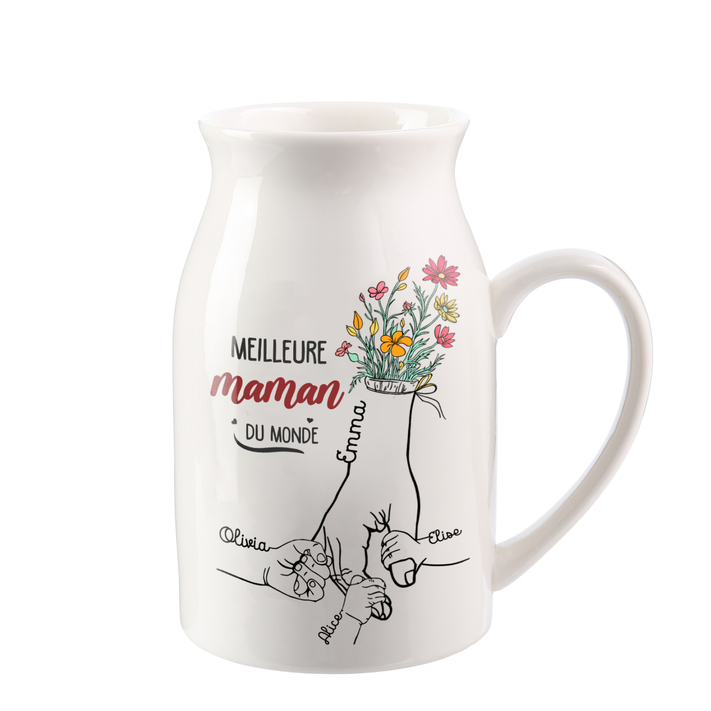À Maman - Vase à Fleurs Personnalisé avec 4 Prénoms et 1 Texte la Main dans la Main Décoration de la Maison (sans plantes) | Jessemade