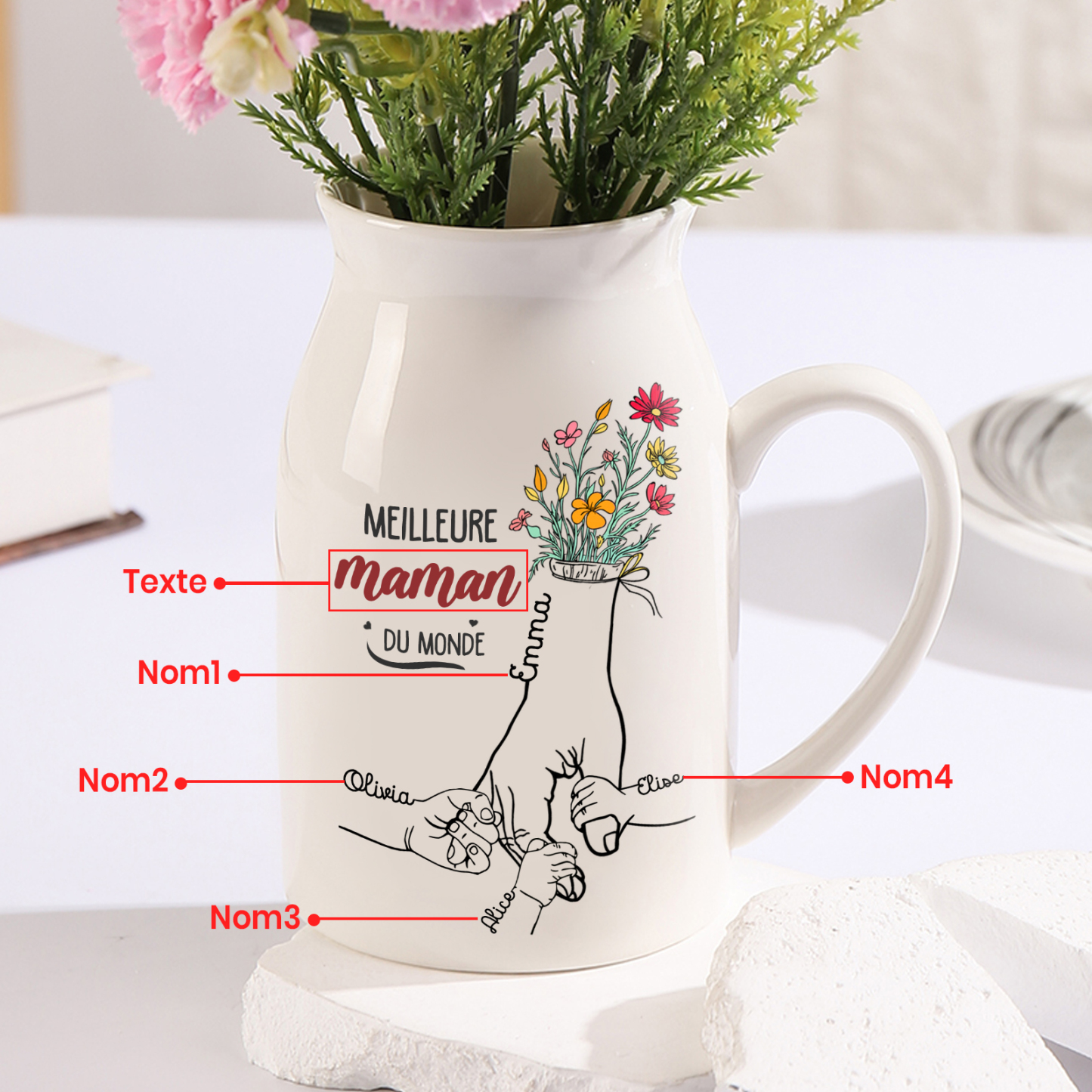 À Maman - Vase à Fleurs Personnalisé avec 4 Prénoms et 1 Texte la Main dans la Main Décoration de la Maison (sans plantes) | Jessemade