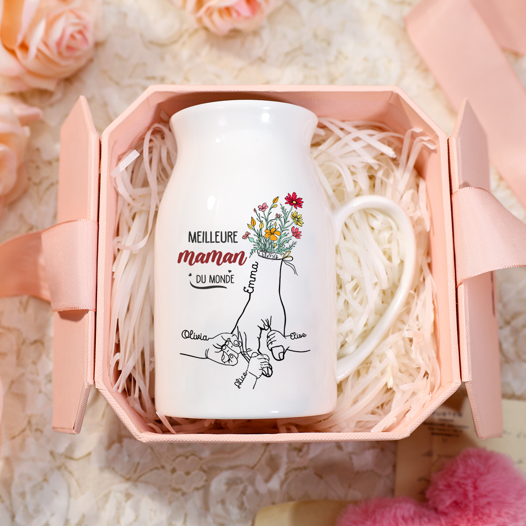 À Maman - Vase à Fleurs Personnalisé avec 4 Prénoms et 1 Texte la Main dans la Main Décoration de la Maison (sans plantes) | Jessemade