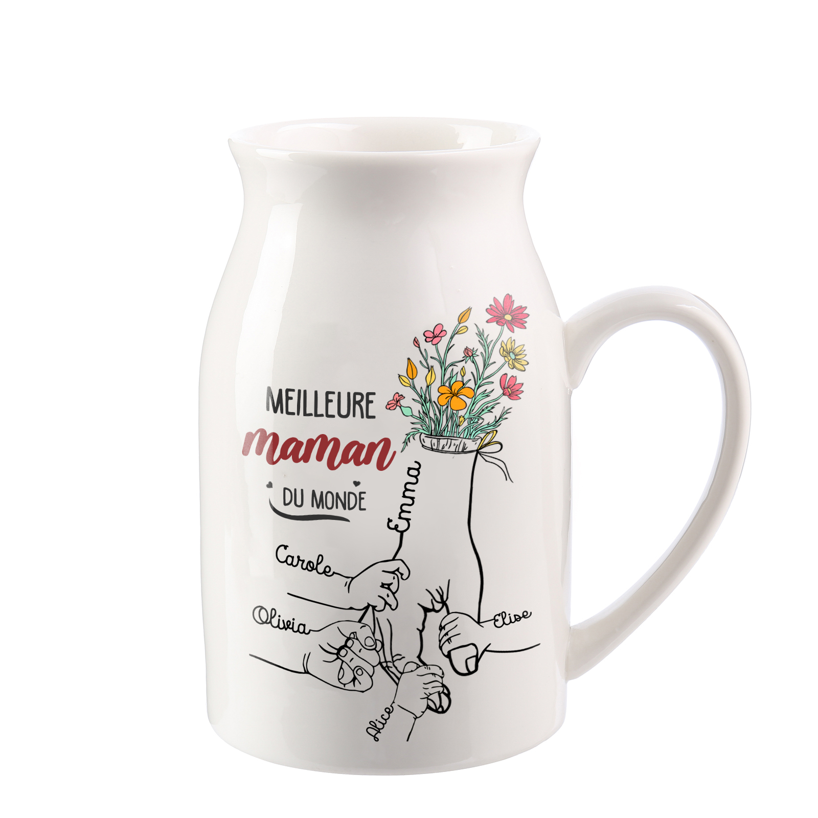 À Maman - Vase à Fleurs Personnalisé avec 5 Prénoms et 1 Texte la Main dans la Main Décoration de la Maison (sans plantes) | Jessemade
