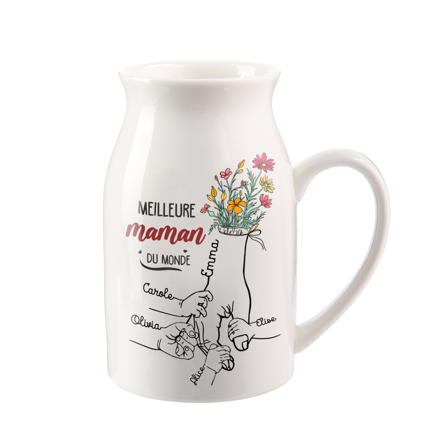 À Maman - Vase à Fleurs Personnalisé avec 5 Prénoms et 1 Texte la Main dans la Main Décoration de la Maison (sans plantes) | Jessemade