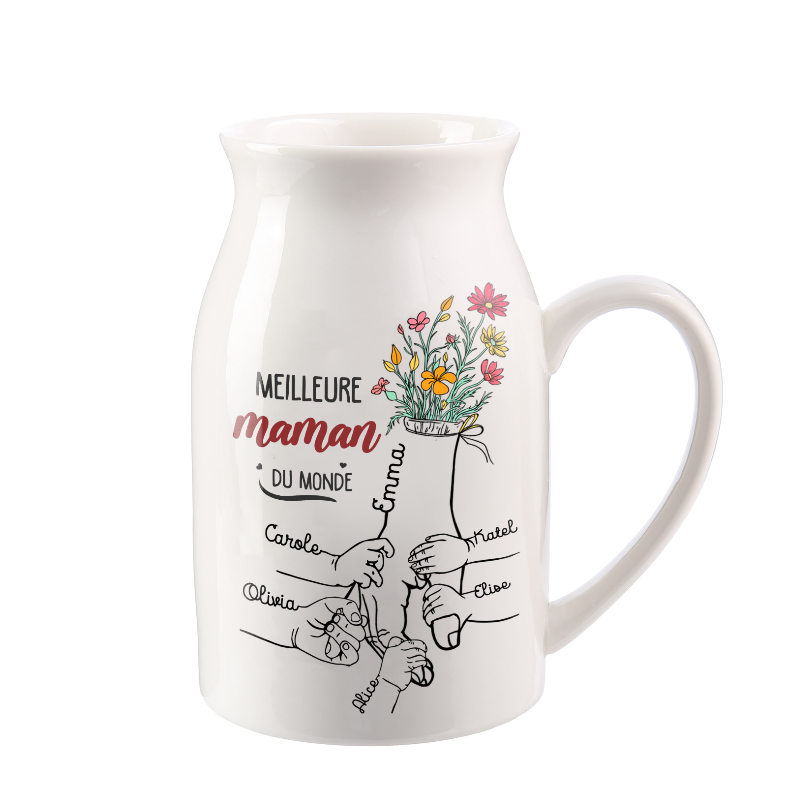À Maman - Vase à Fleurs Personnalisé avec 6 Prénoms et 1 Texte la Main dans la Main Décoration de la Maison (sans plantes) | Jessemade