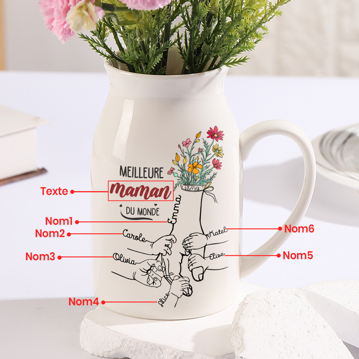 À Maman - Vase à Fleurs Personnalisé avec 6 Prénoms et 1 Texte la Main dans la Main Décoration de la Maison (sans plantes) | Jessemade