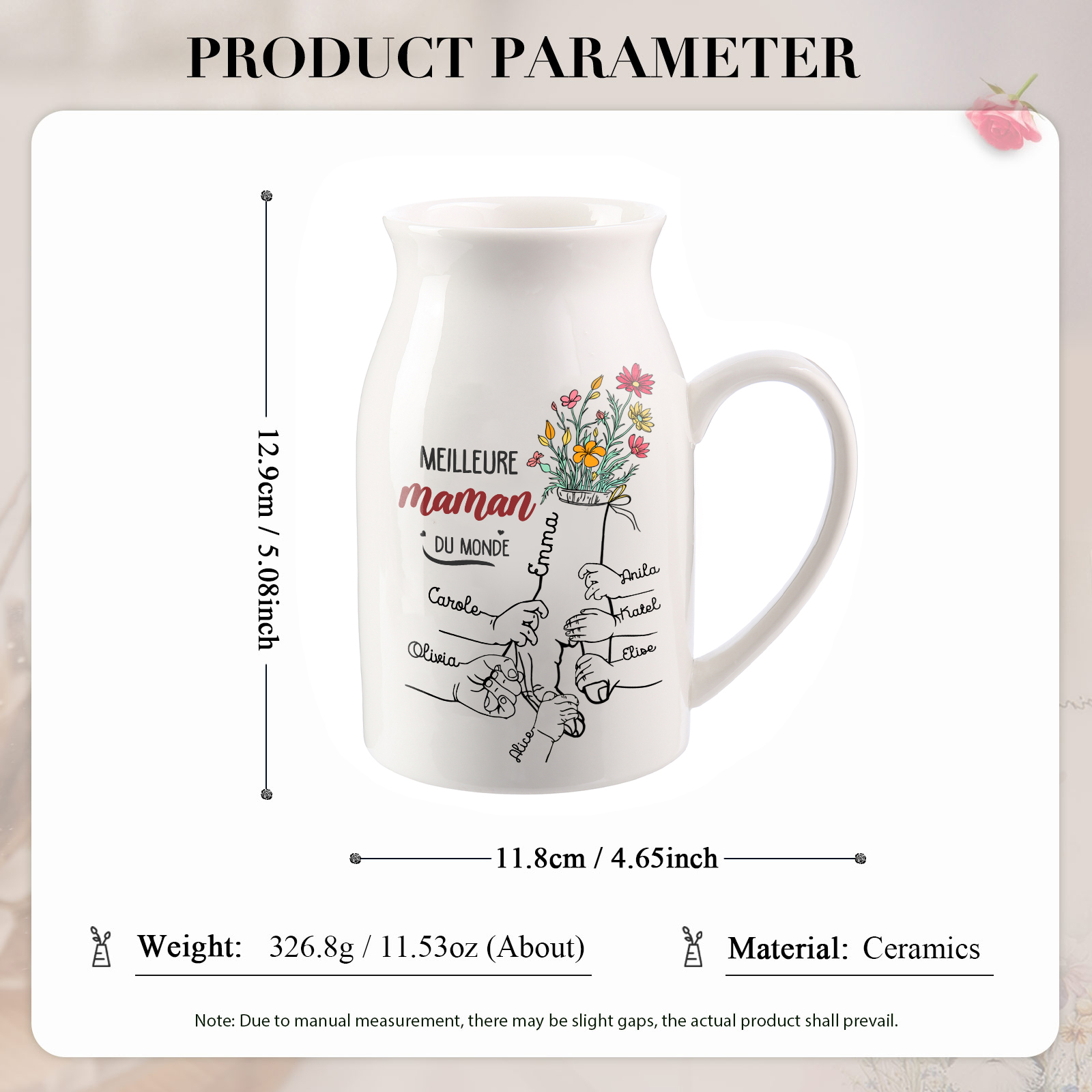 À Maman - Vase à Fleurs Personnalisé avec 7 Prénoms et 1 Texte la Main dans la Main Décoration de la Maison (sans plantes) | Jessemade