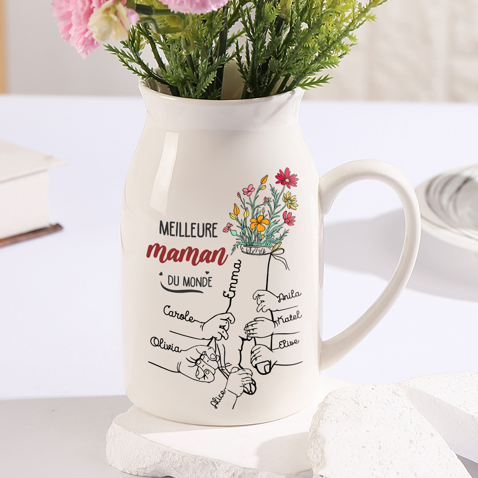 À Maman - Vase à Fleurs Personnalisé avec 7 Prénoms et 1 Texte la Main dans la Main Décoration de la Maison (sans plantes) | Jessemade