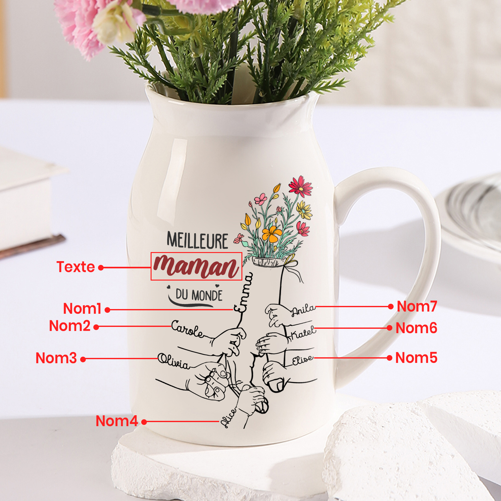 À Maman - Vase à Fleurs Personnalisé avec 7 Prénoms et 1 Texte la Main dans la Main Décoration de la Maison (sans plantes) | Jessemade