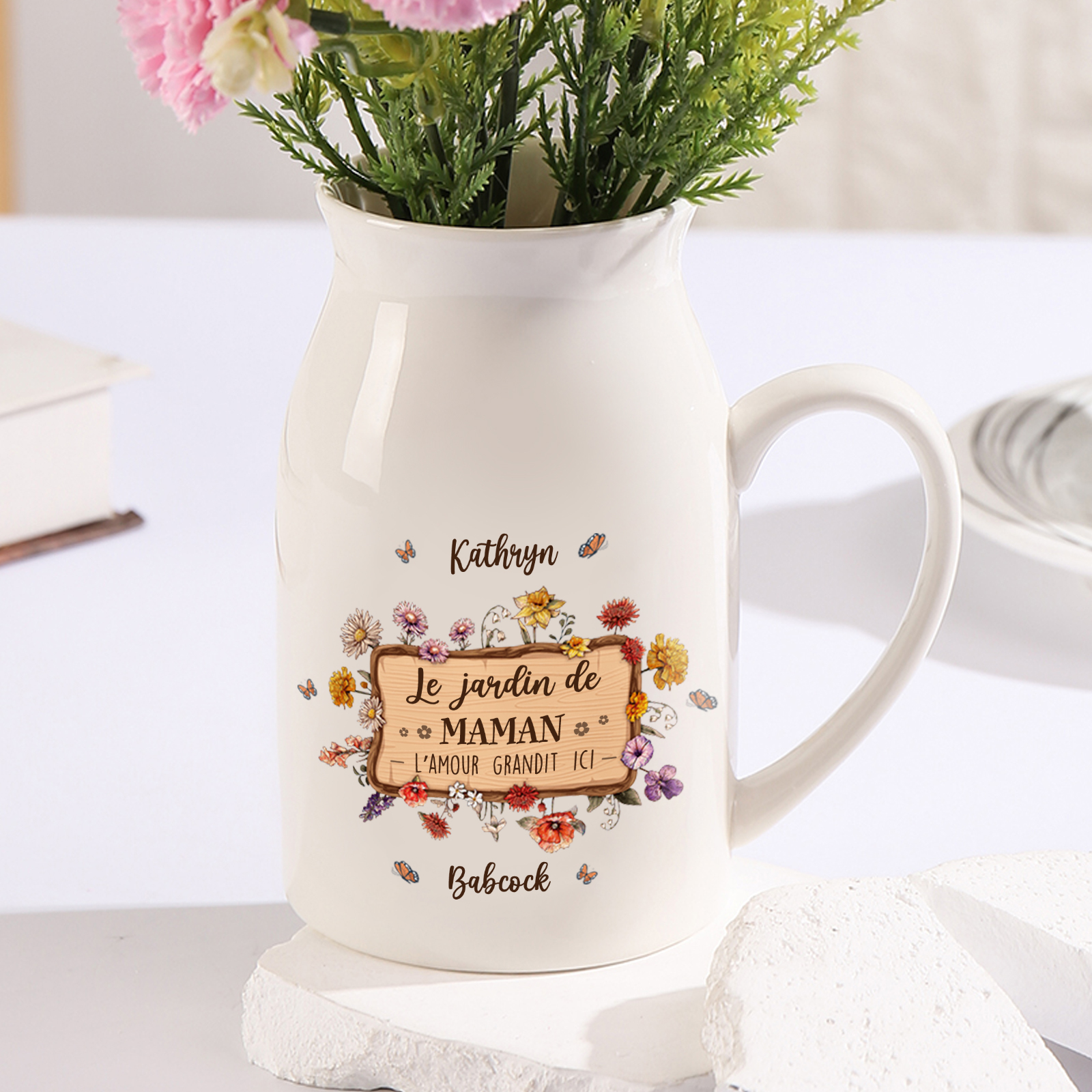 À Maman - Vase à Fleurs 2 Prénoms Personnalisés avec 1 Texte Décoration de la Maison (sans plantes) | Jessemade