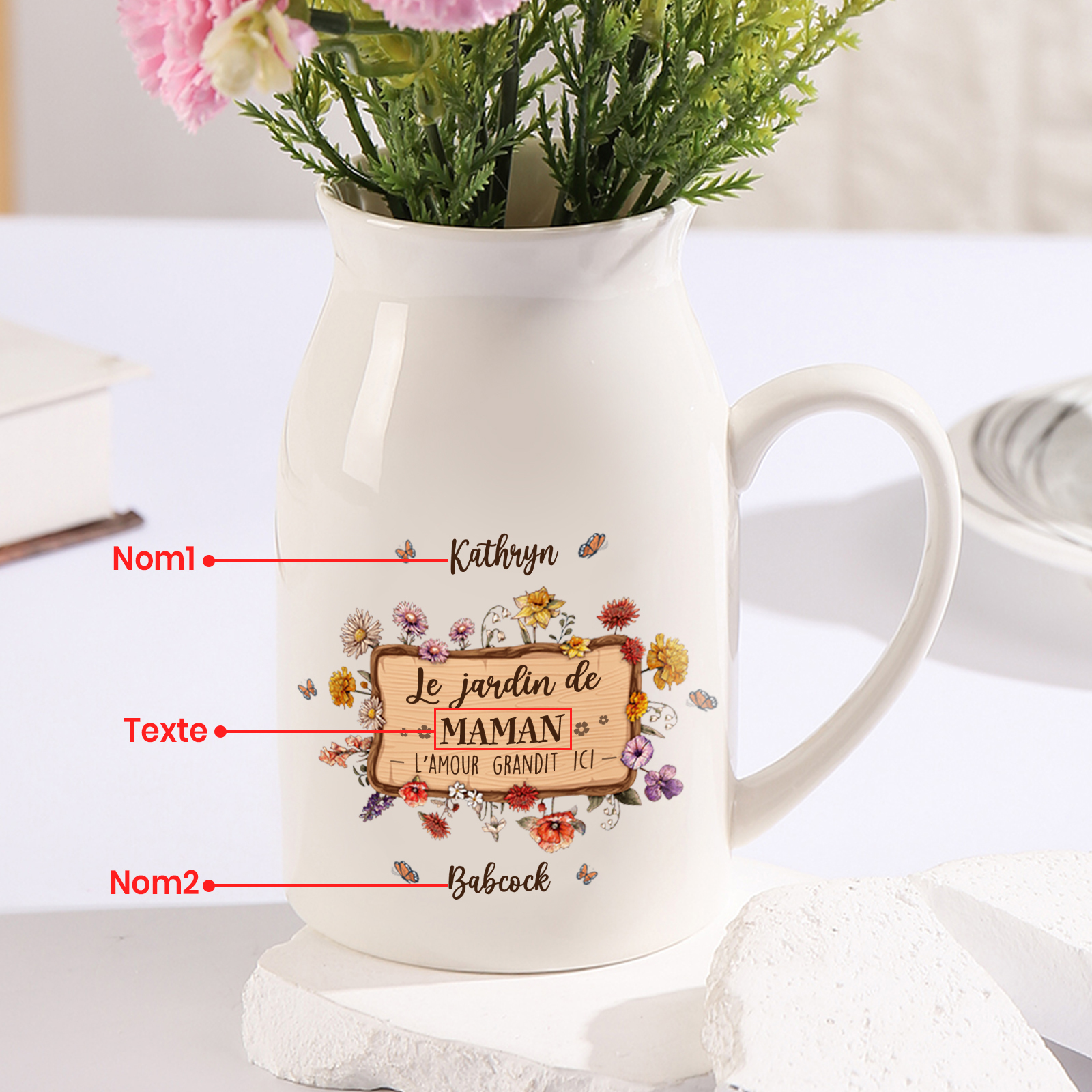 À Maman - Vase à Fleurs 2 Prénoms Personnalisés avec 1 Texte Décoration de la Maison (sans plantes) | Jessemade