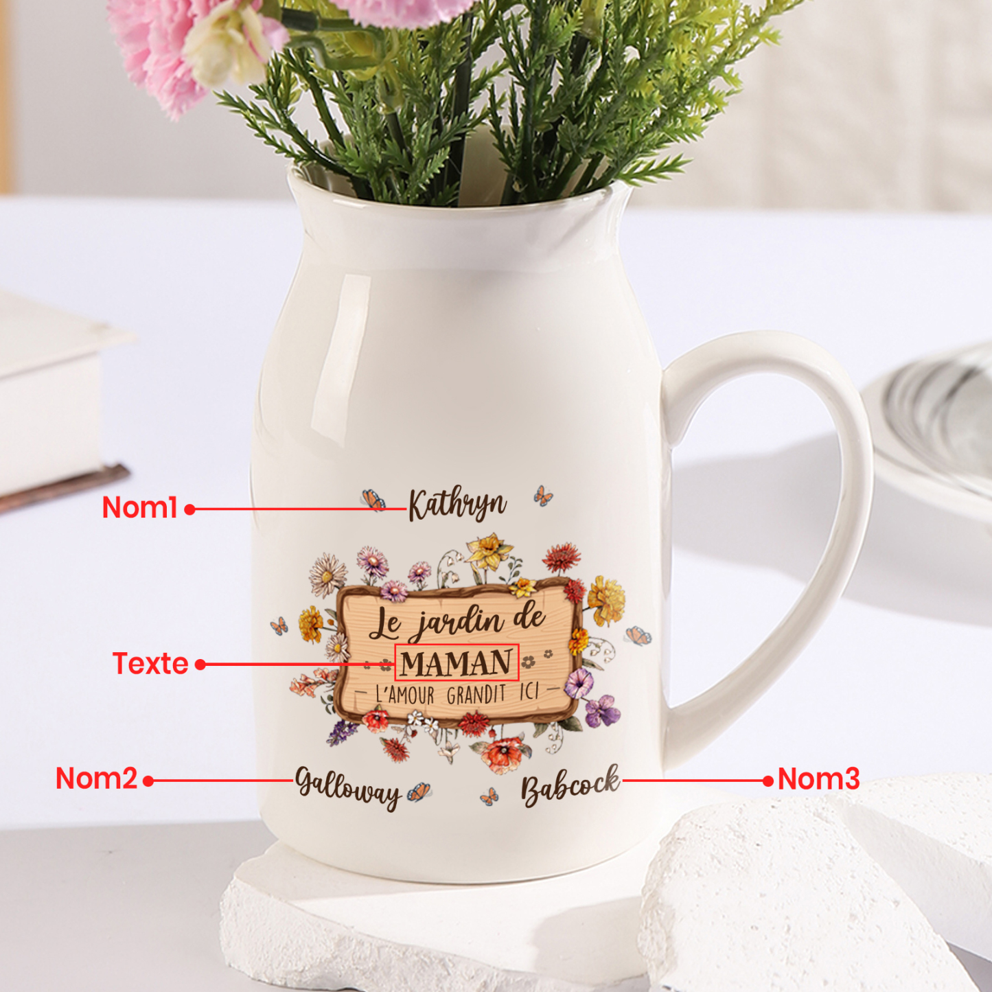 À Maman - Vase à Fleurs 3 Prénoms Personnalisés avec 1 Texte Décoration de la Maison (sans plantes) | Jessemade