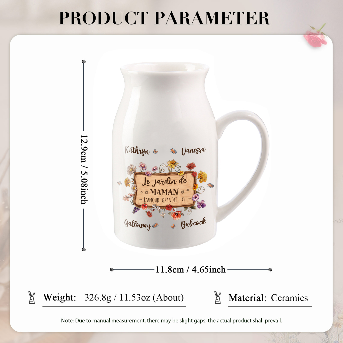 À Maman - Vase à Fleurs 4 Prénoms Personnalisés avec 1 Texte Décoration de la Maison (sans plantes) | Jessemade