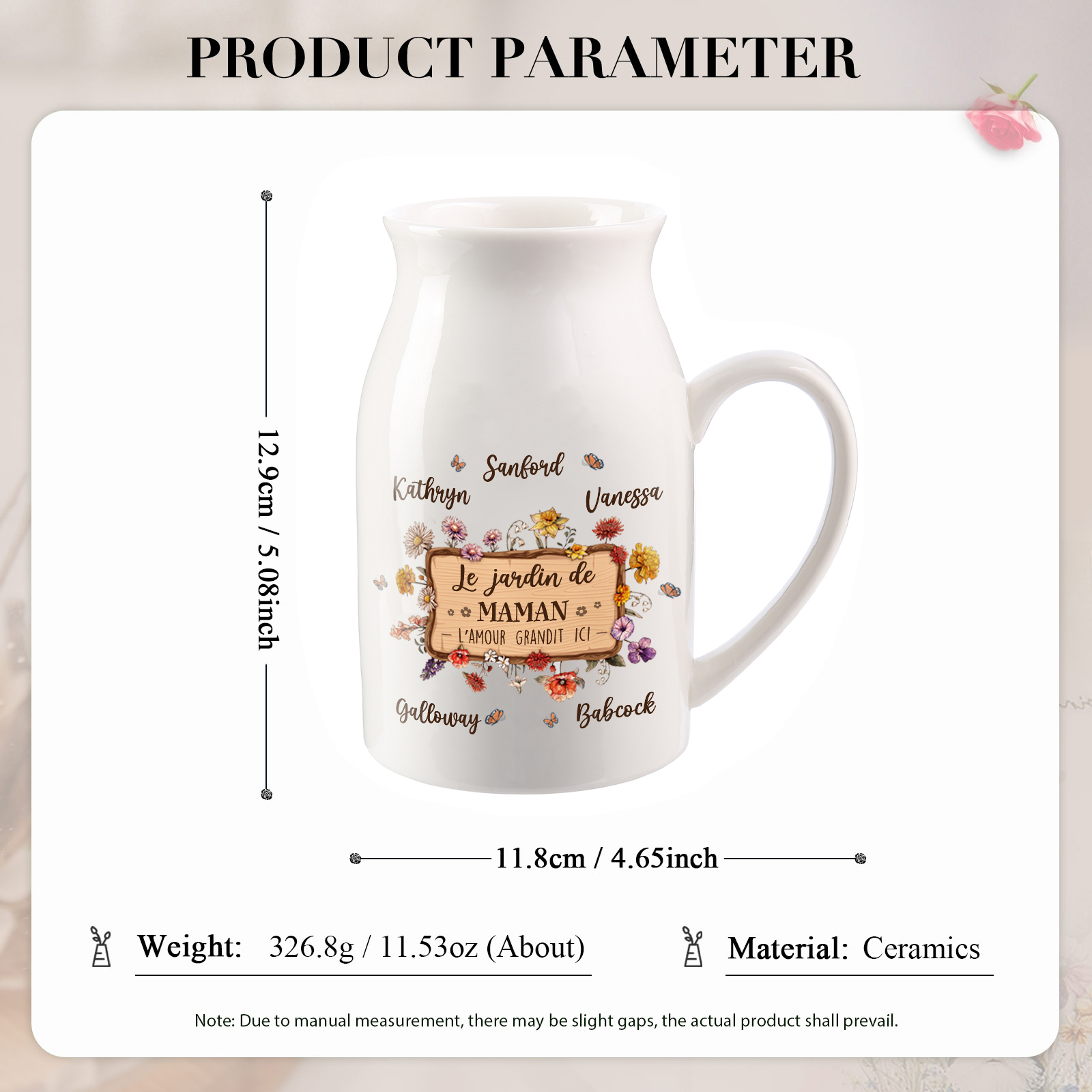 À Maman - Vase à Fleurs 5 Prénoms Personnalisés avec 1 Texte Décoration de la Maison (sans plantes) | Jessemade